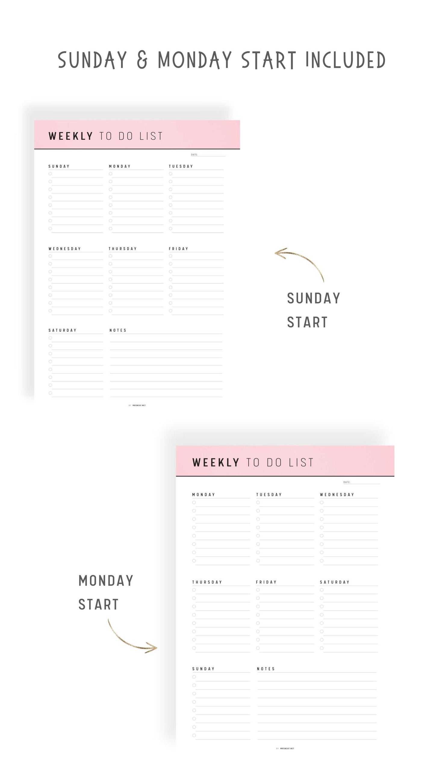 Sunday and Monday Start Weekly To Do List Printable