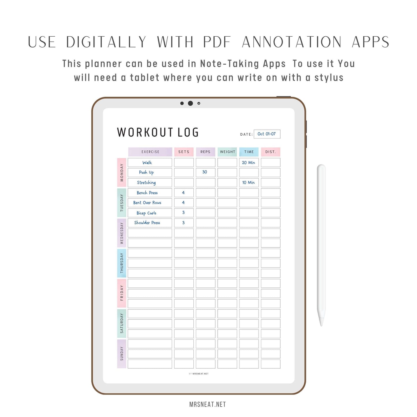 Digital Editable Weekly Workout Log