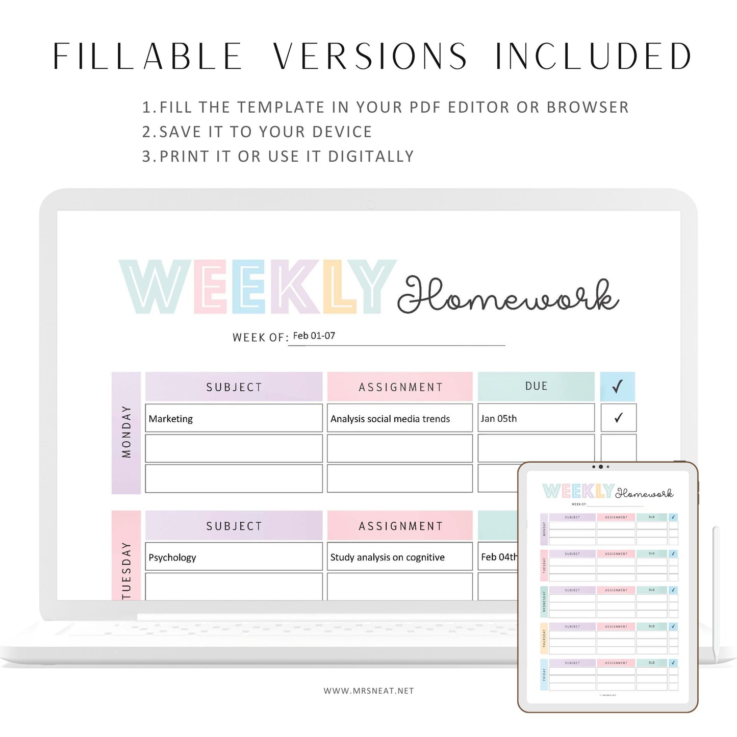 Weekly homework planner template with colorful design on a white background