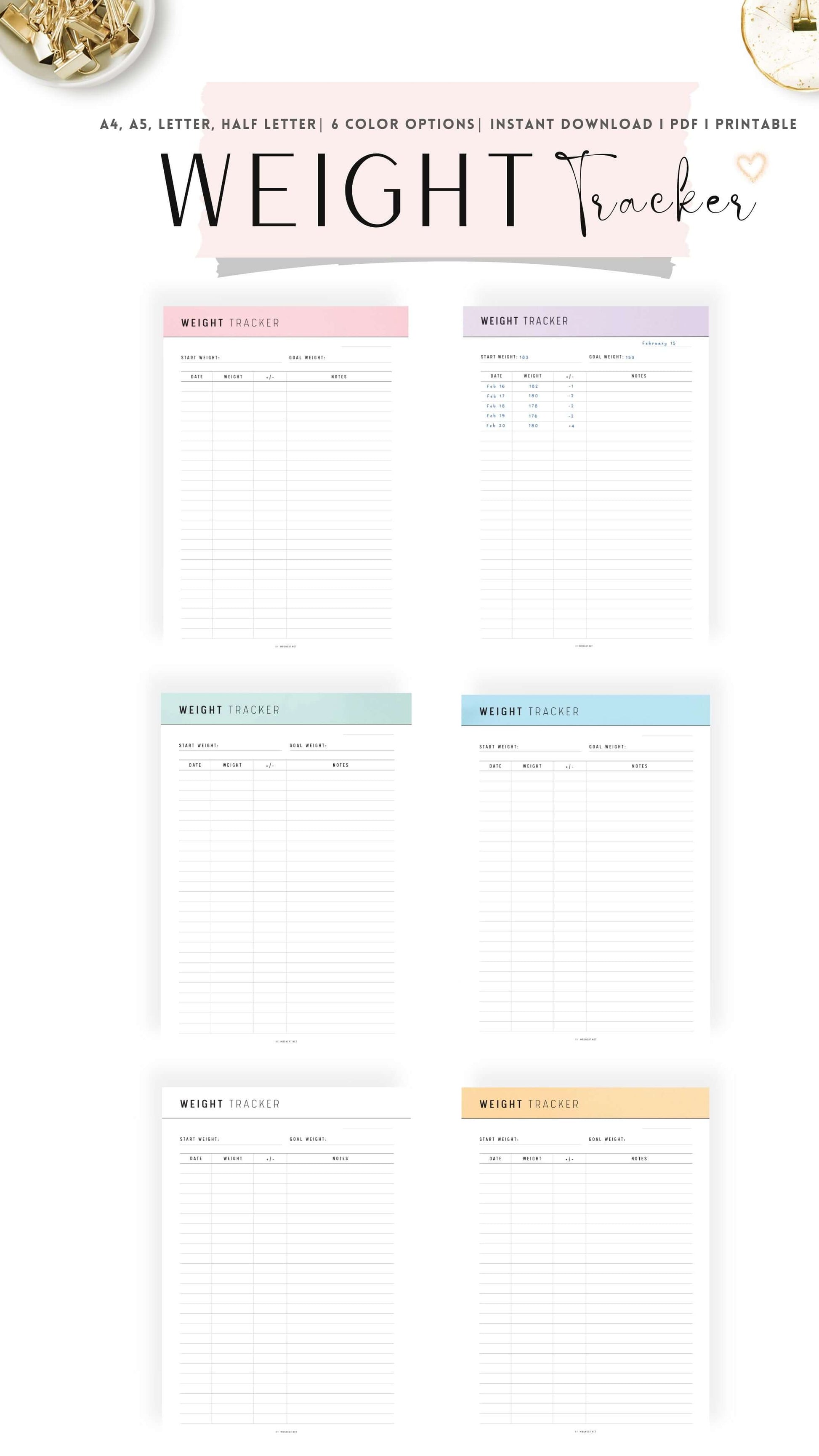 6 colors Weight Loss Tracker Printable