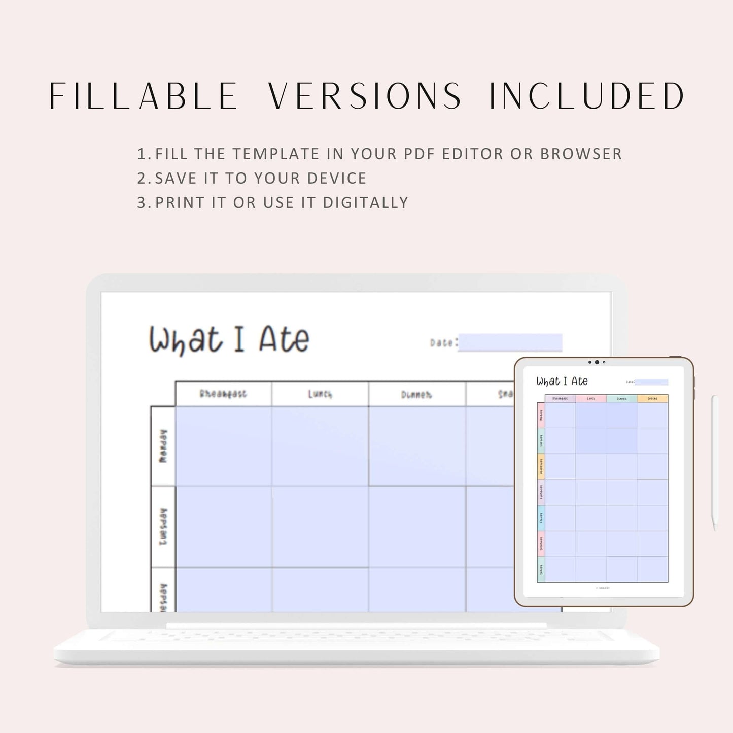 Food Journal Template Printable, A4, A5, Letter, Half Letter, 2 color options, fillable versions, printable inserts