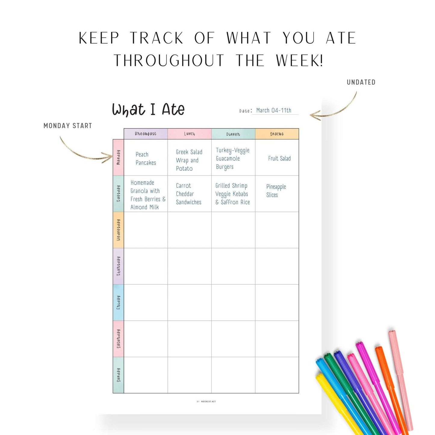 Clean and Minimalist Weekly Food Journal Template Printable