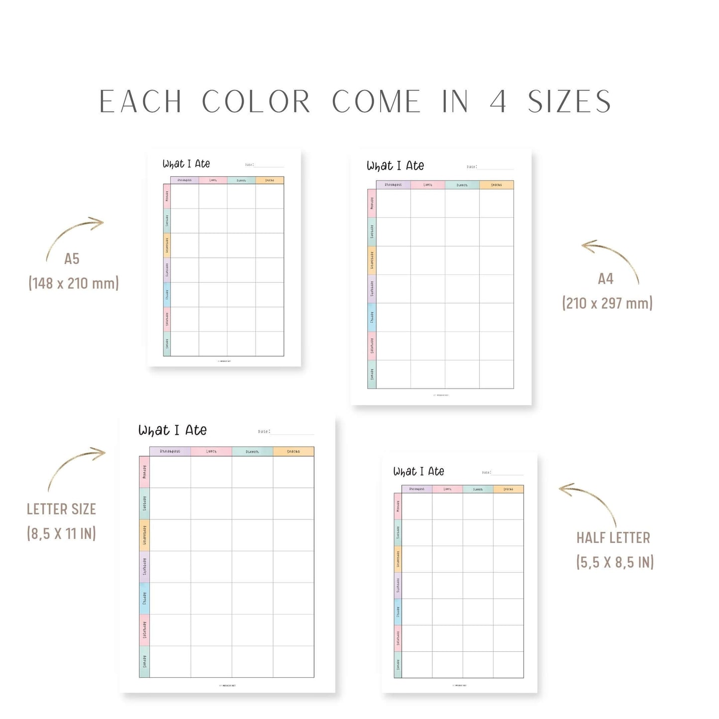 A4, A5, Letter, Half Letter Food Diary Tracker Template Printable Inserts