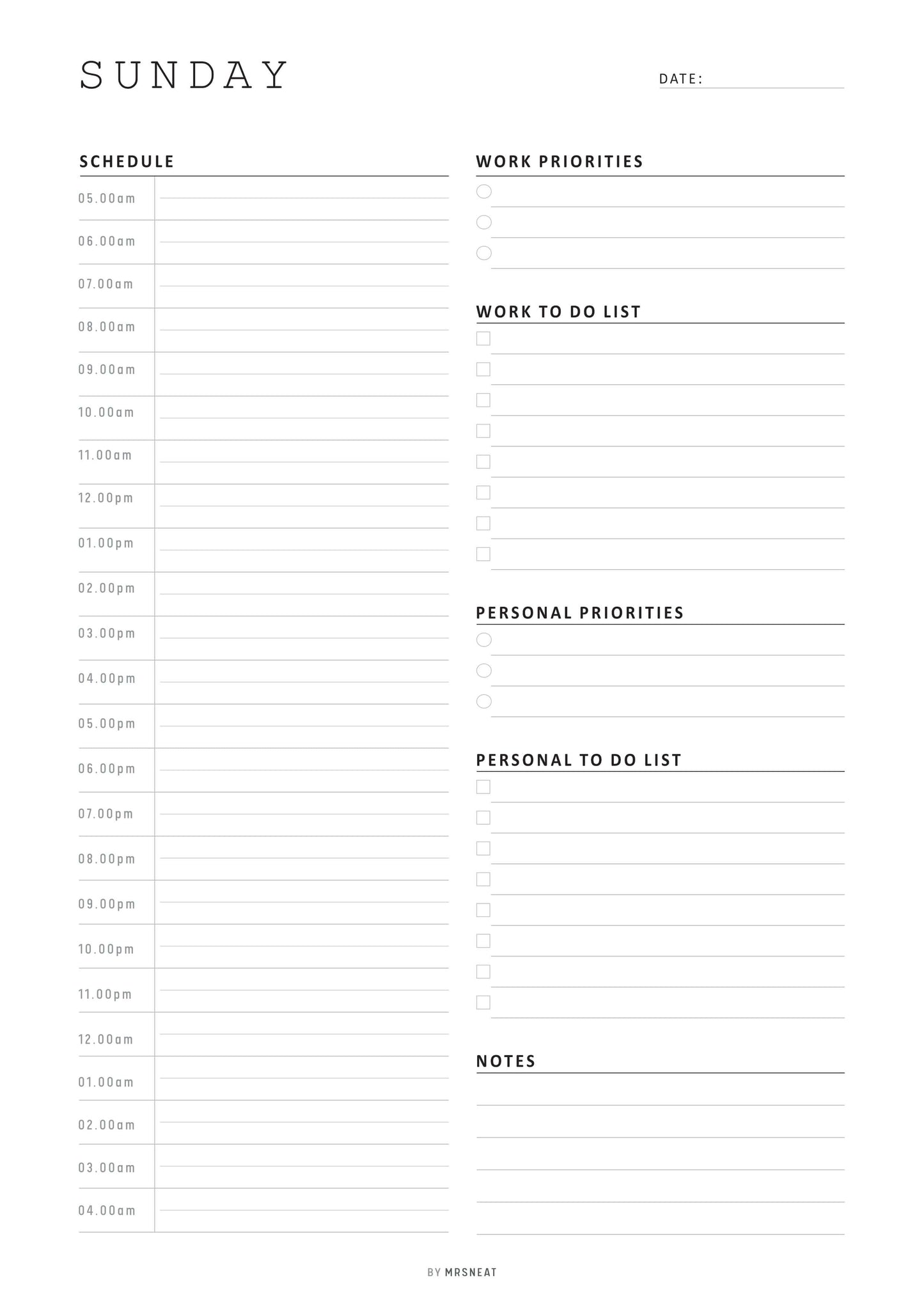 Work From Home Daily Planner 7 Pages, Monday to Sunday, Letter Sunday Page