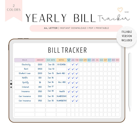 Yearly Bill Tracker Printable, Digital Planner, PDF Fillable, 2 Colors
