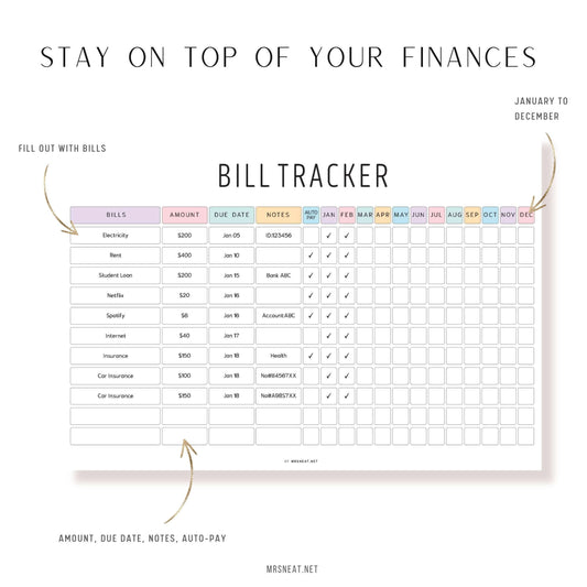 Colorful Yearly Bill Tracker Printable, Digital Planner, PDF Fillable, A4 Size