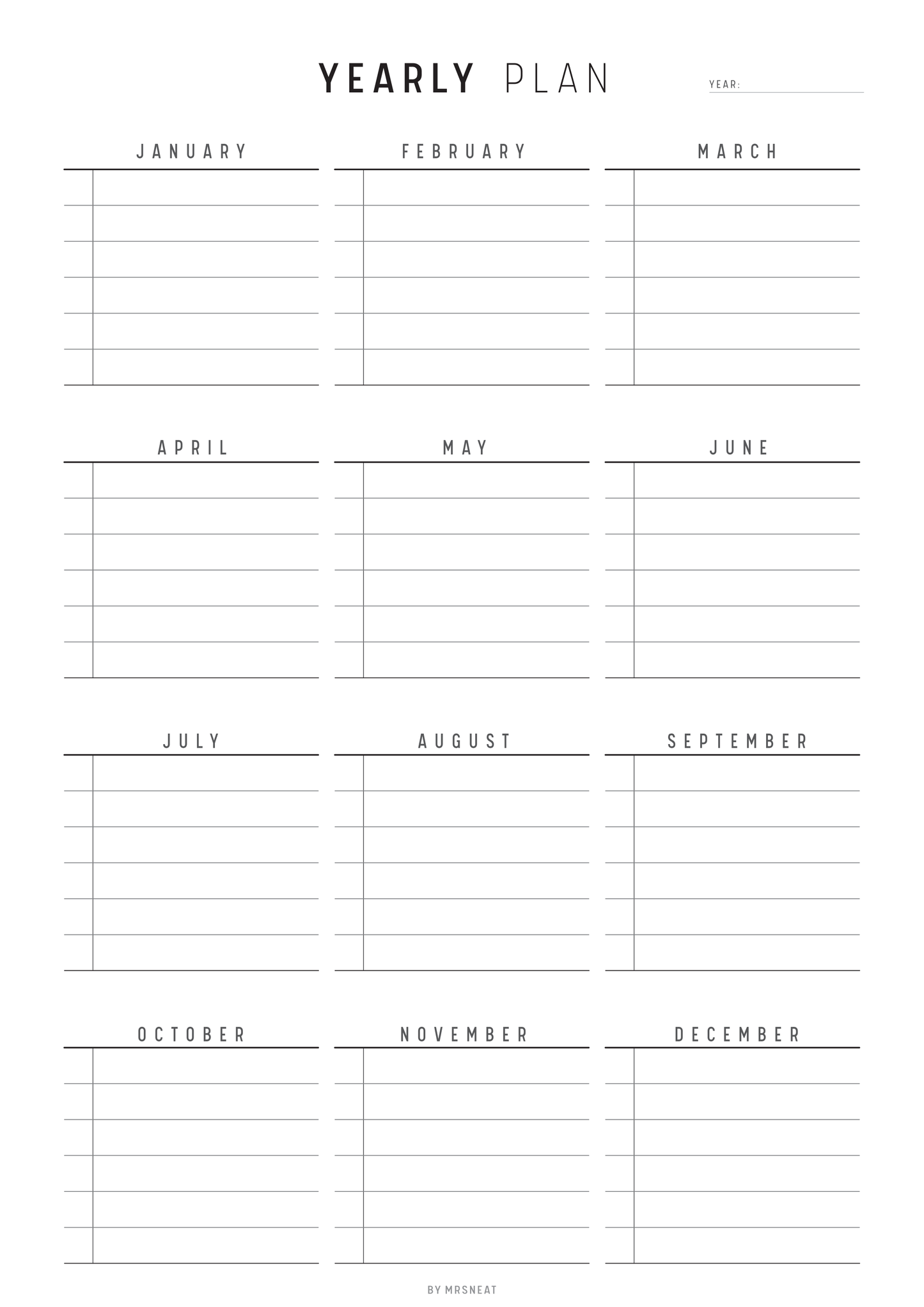 Yearly plan calendar with months listed vertically