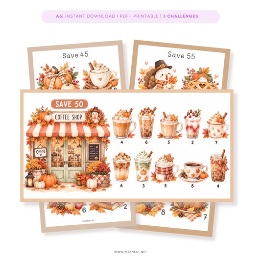 Cute fall savings challenge printable with cozy autumn watercolor illustrations