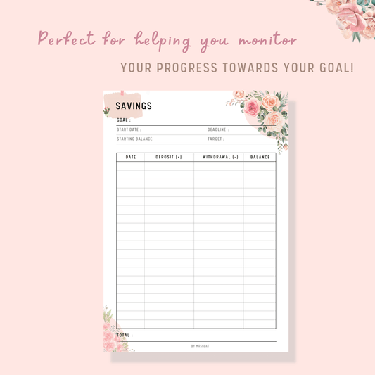 Savings Tracker, Savings Challenge, Savings Printable, A4, A5, Letter, Half Letter, PDF Fillable, Floral Theme