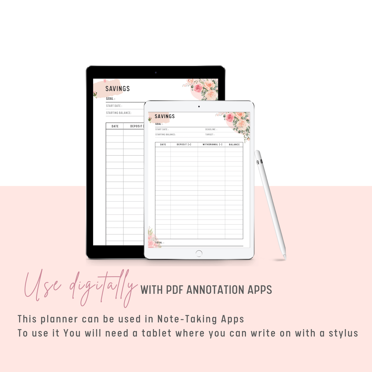 Savings Tracker, Savings Challenge, Savings Printable, A4, A5, Letter, Half Letter, PDF Fillable, Floral Theme