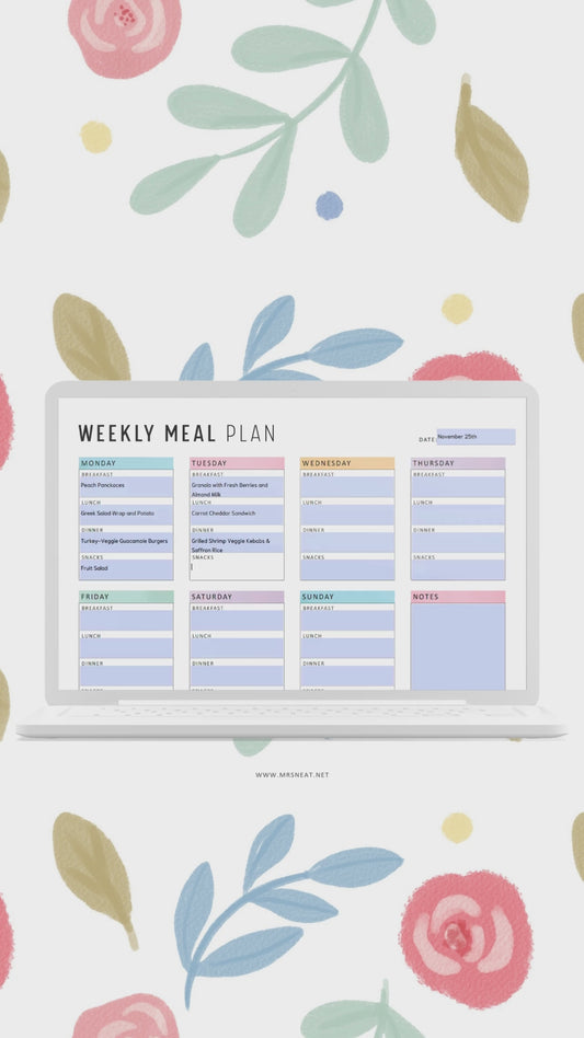 Printable Weekly Meal Planner Landscape, Colorful and Minimalist Style, A4, Letter, Sunday and Monday Start Options Included