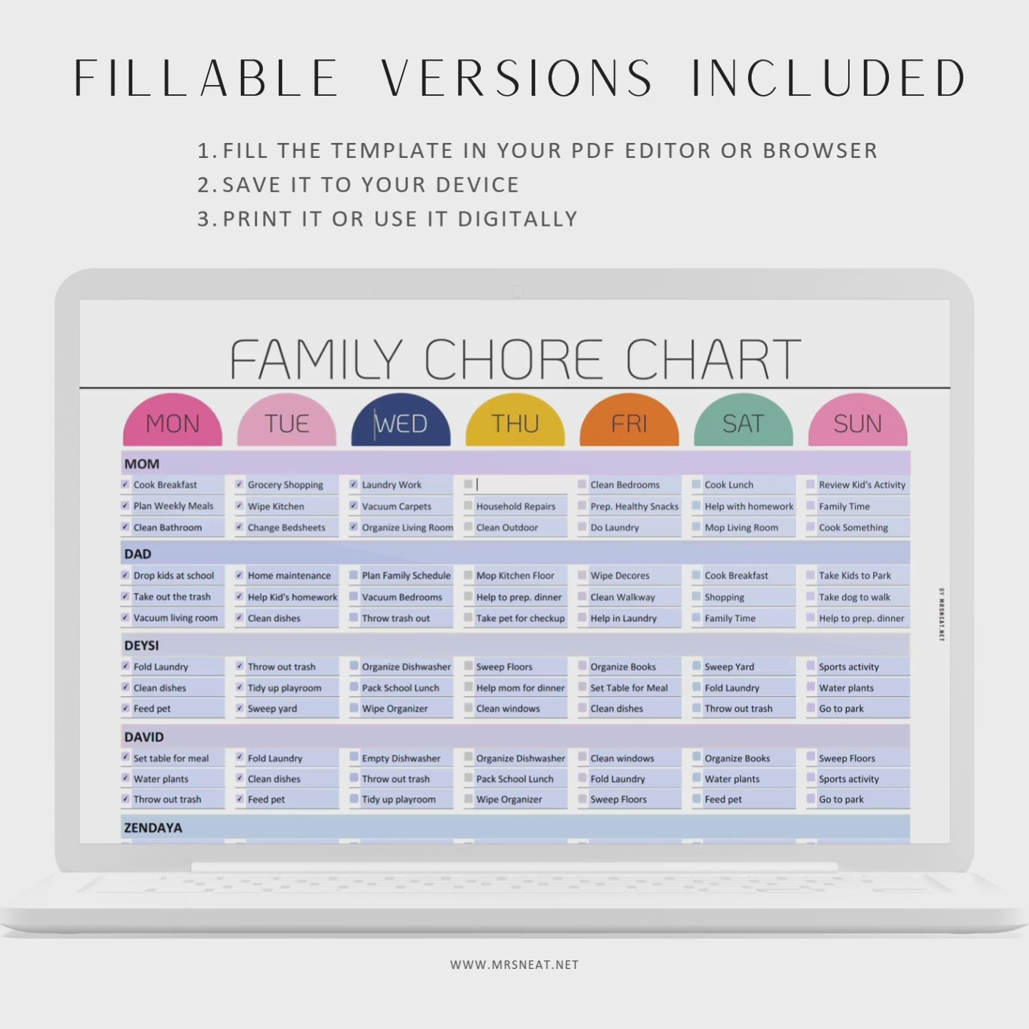 Weekly Family chore chart editable and PRINTABLE, Family Chore list,Household kid adult family schedule template, Family planner, 4 Layouts, A4, Letter