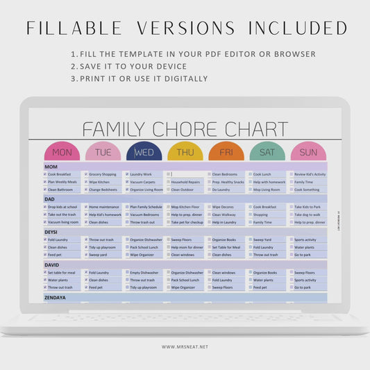 Weekly Family chore chart editable and PRINTABLE, Family Chore list,Household kid adult family schedule template, Family planner, 4 Layouts, A4, Letter