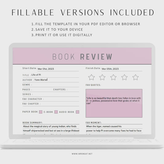 Book Review Template Printable, A4, A5, Letter, Half Letter, Blue, Green, Peach, Pink, White, 2 versions, Fillable PDF, Printable inserts
