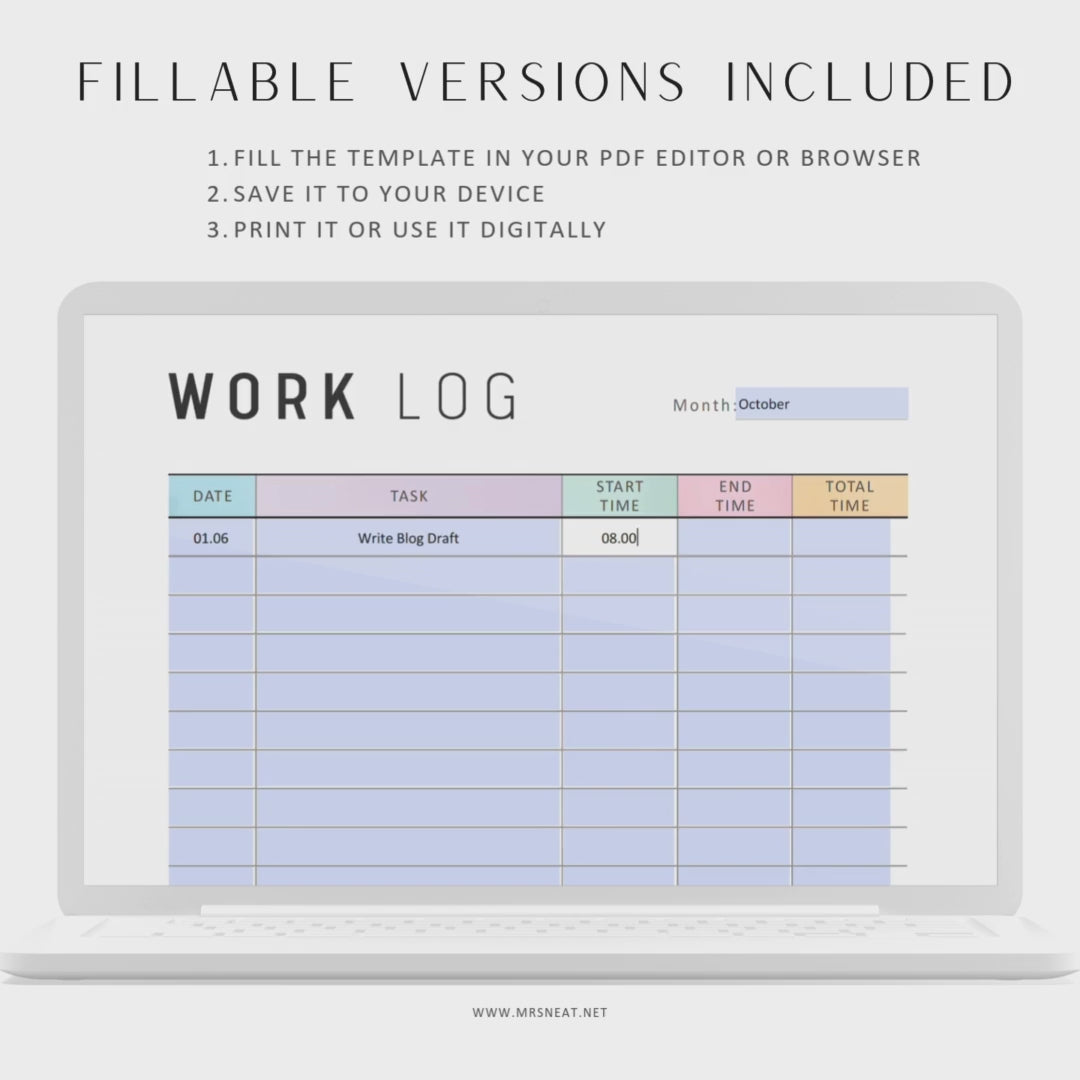 Printable Work Log Template, A4, A5, Letter, Half Letter, Printable Inserts, Fillable Planner, Colorful Page