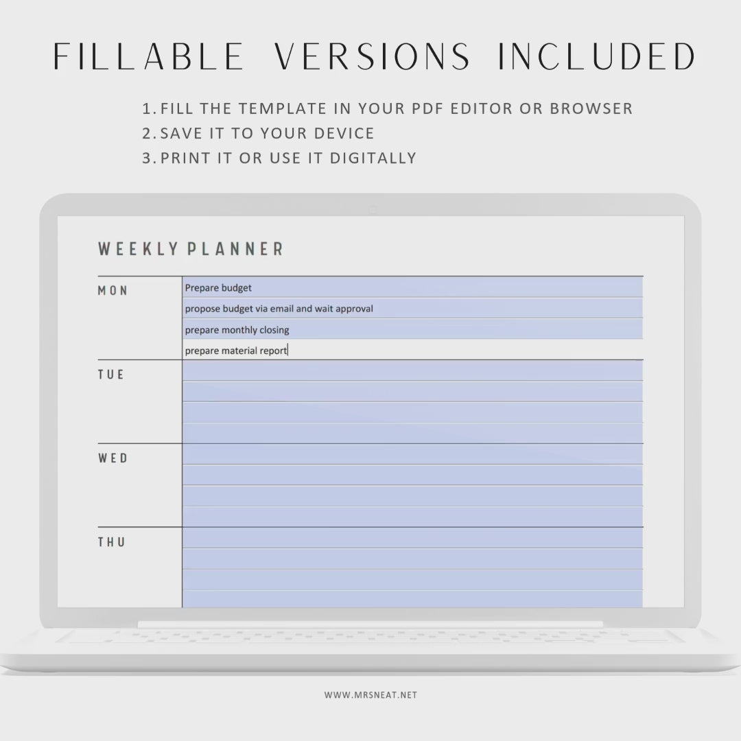 Fillable Weekly Planner Printable, Weekly To Do List, Minimal Weekly Schedule, Weekly Organizer, Week at a glance, A4/A5/Letter/Half Size
