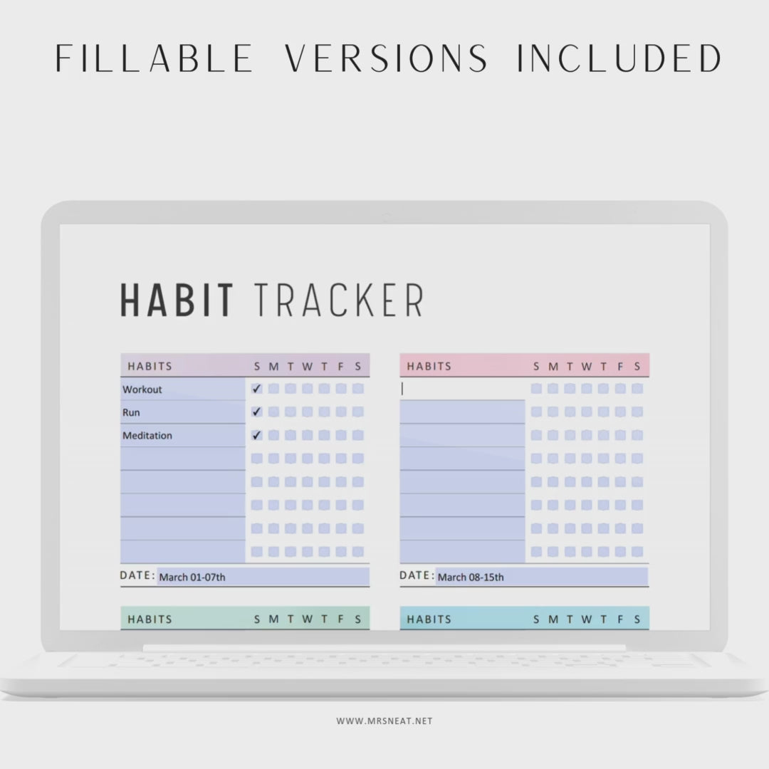 Fillable Weekly Habit Tracker Printable, Habit Tracker Template, Routine Tracker, 7 Day Habit Challenge, 2 color options, 2 versions