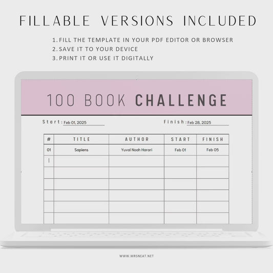 100 Book Reading Challenge Printable, 5 Colors, 2 Pages, A4, A5, Letter, Half Letter