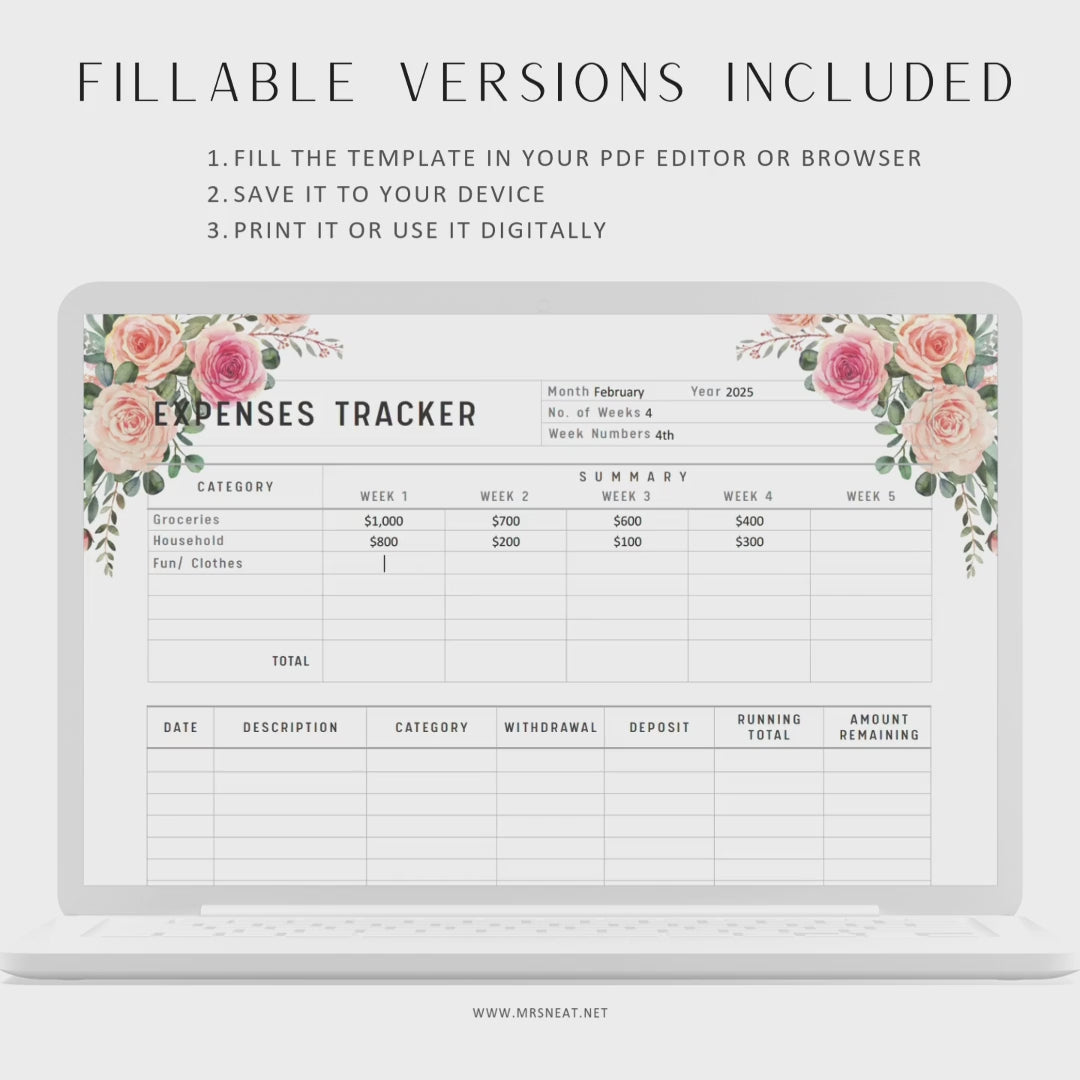 Fillable Expenses Tracker Printable Planner, Editable Bill Tracker, Floral Spending Tracker, Minimalist Expense Tracker, A4, PDF, 5 Styles