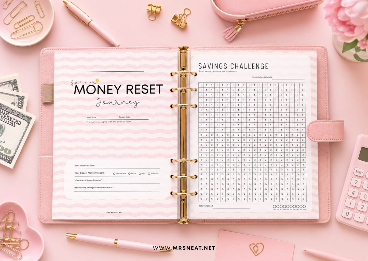 Summer Money Reset Kit printable budget planner with pastel pink summer design for saving money and building better financial habits.