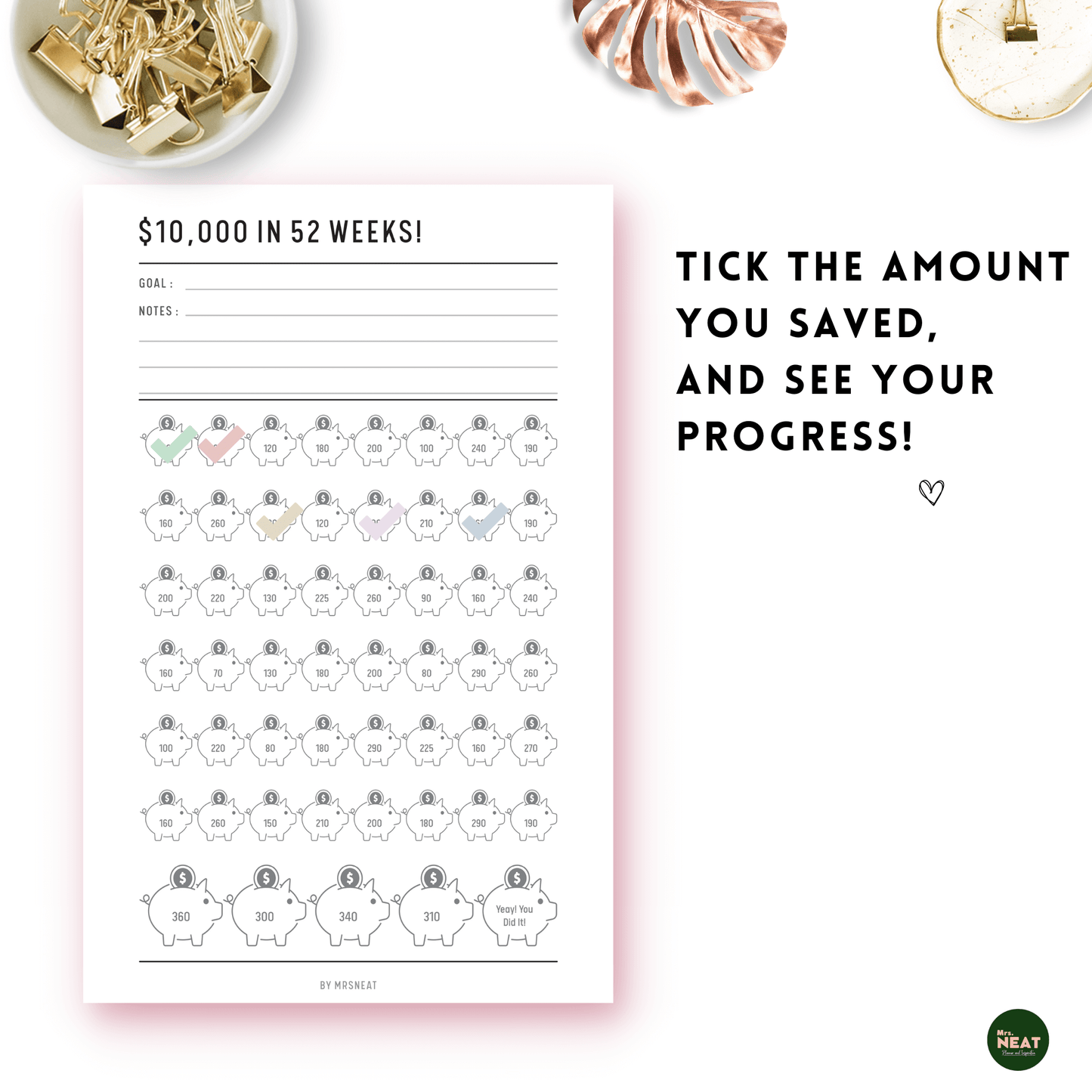 10000 Money Saving Challenge in 52 Weeks that will help you to keep on track of your progress