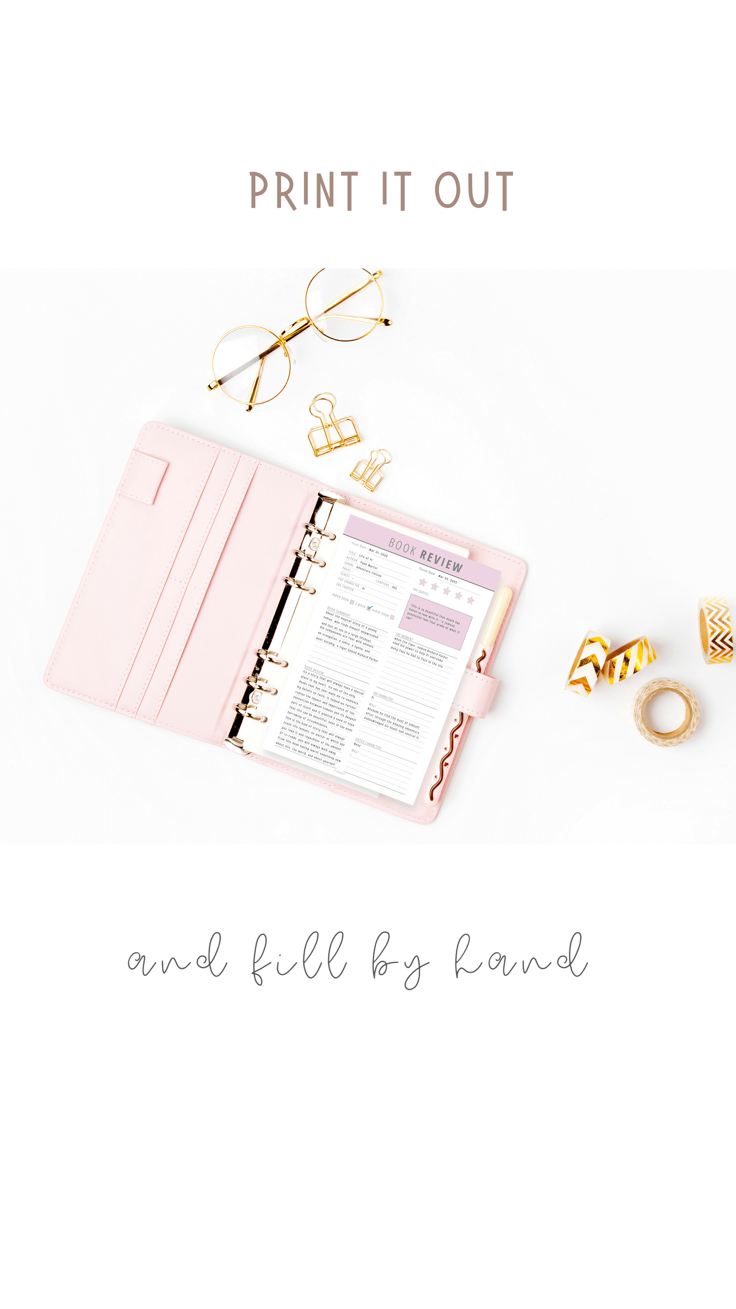 Beautiful and Cute purple book review planner printed out and put on aesthetic pink binder