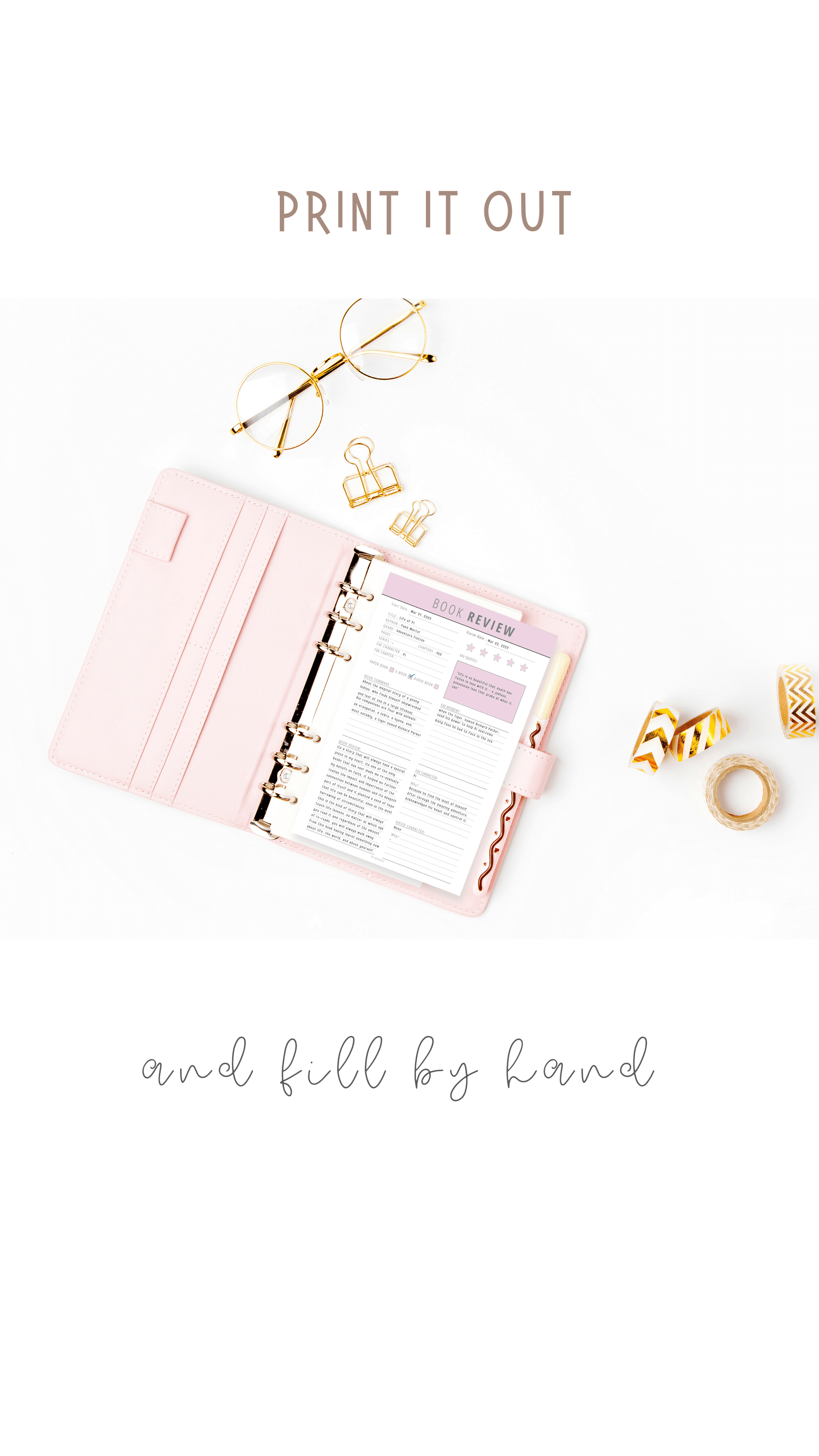 Beautiful and Cute purple book review planner printed out and put on aesthetic pink binder