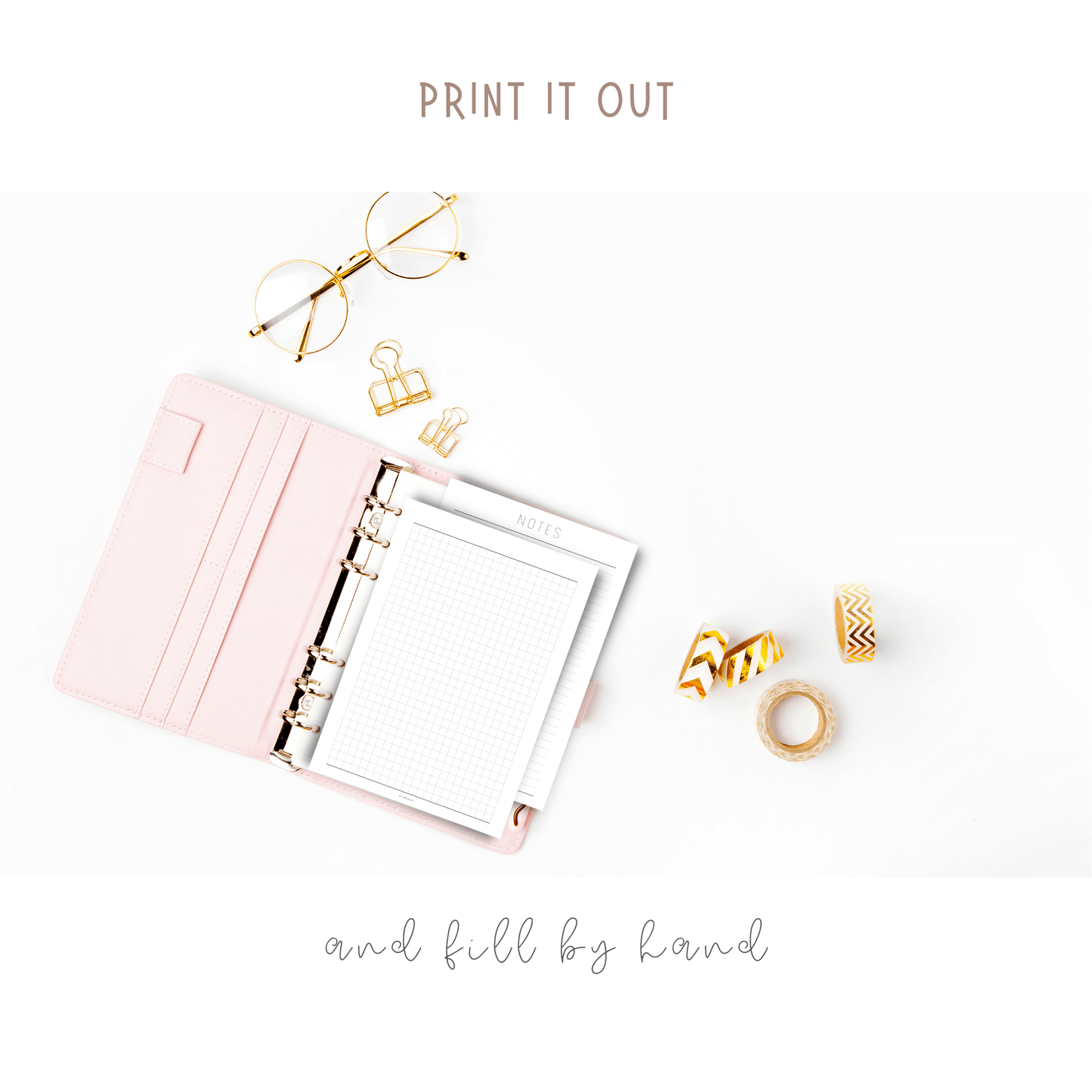 Clean and Minimalist Notes and Grid page printed out and put on beautiful pink binder