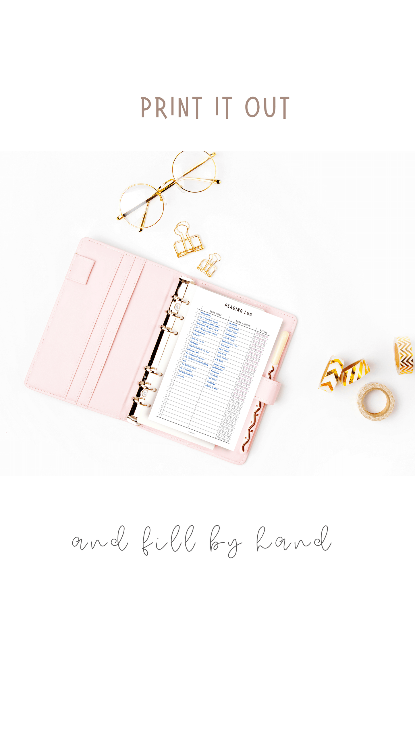 Clean and Minimalist Reading Log Planner printed out and put on the aesthetic pink pastel binder
