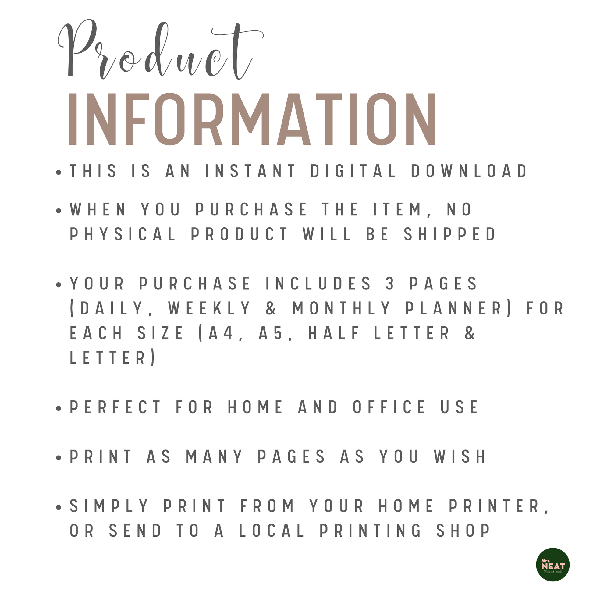 Minimalist Daily, Weekly and Monthly Planner Product Information