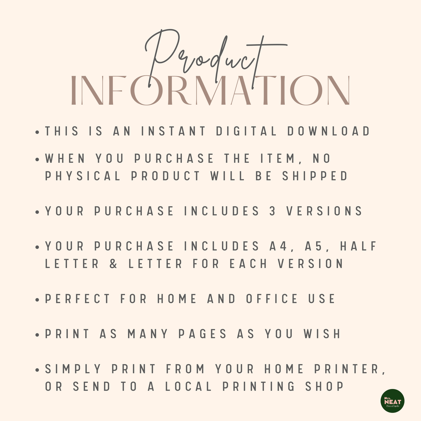 Expense Log Tracker Printable Planner Product Information