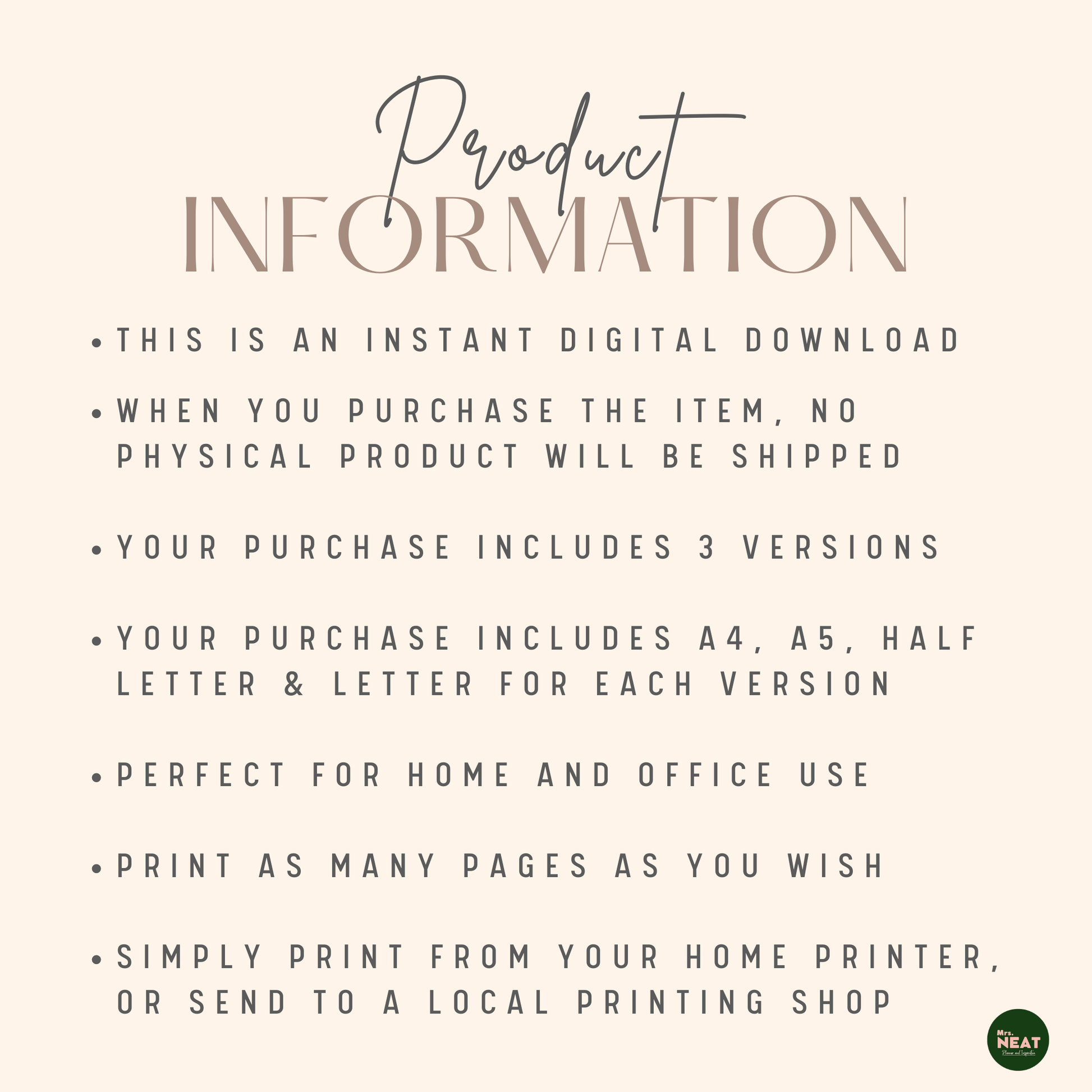 Expense Log Tracker Printable Planner Product Information