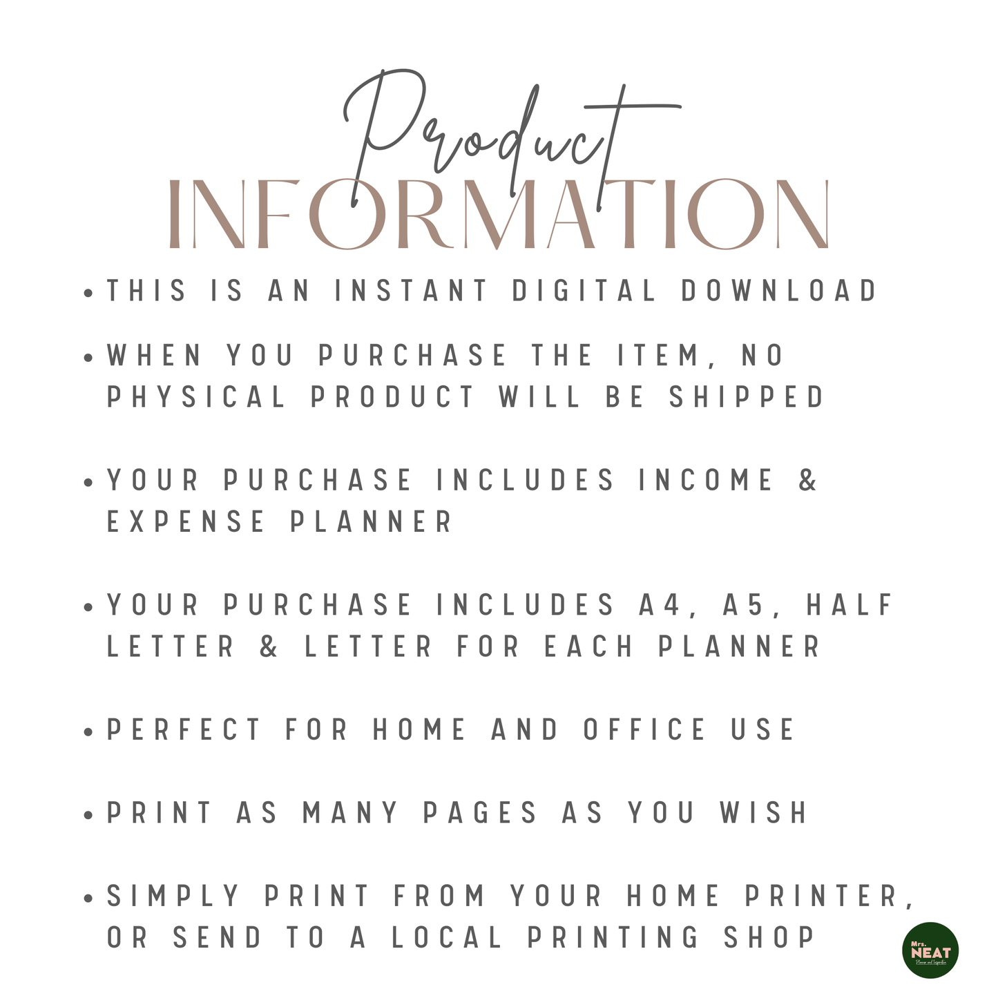 Income and Expense Tracker Planner Product Information