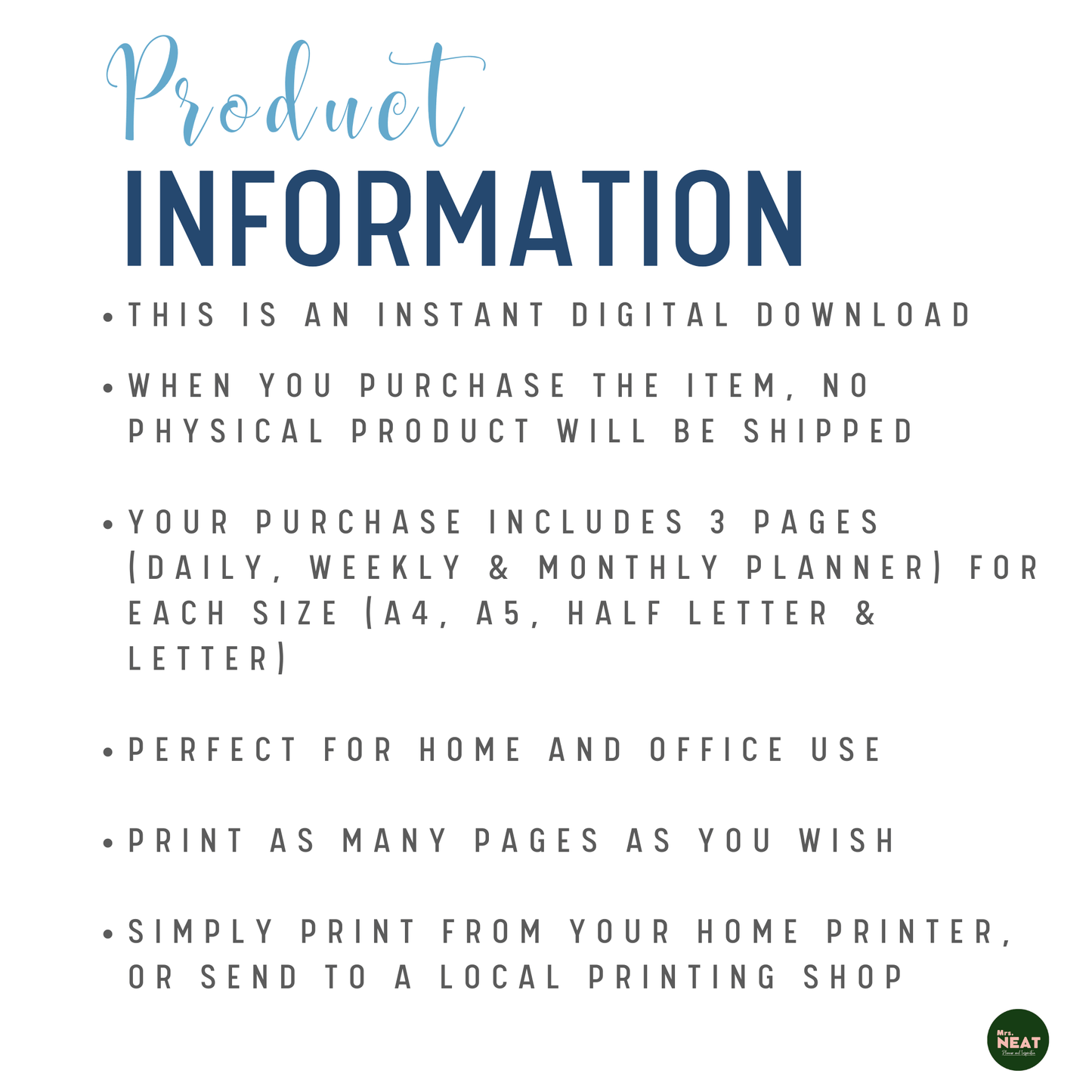 Blue Floral Daily, Weekly and Monthly Planner Product Information