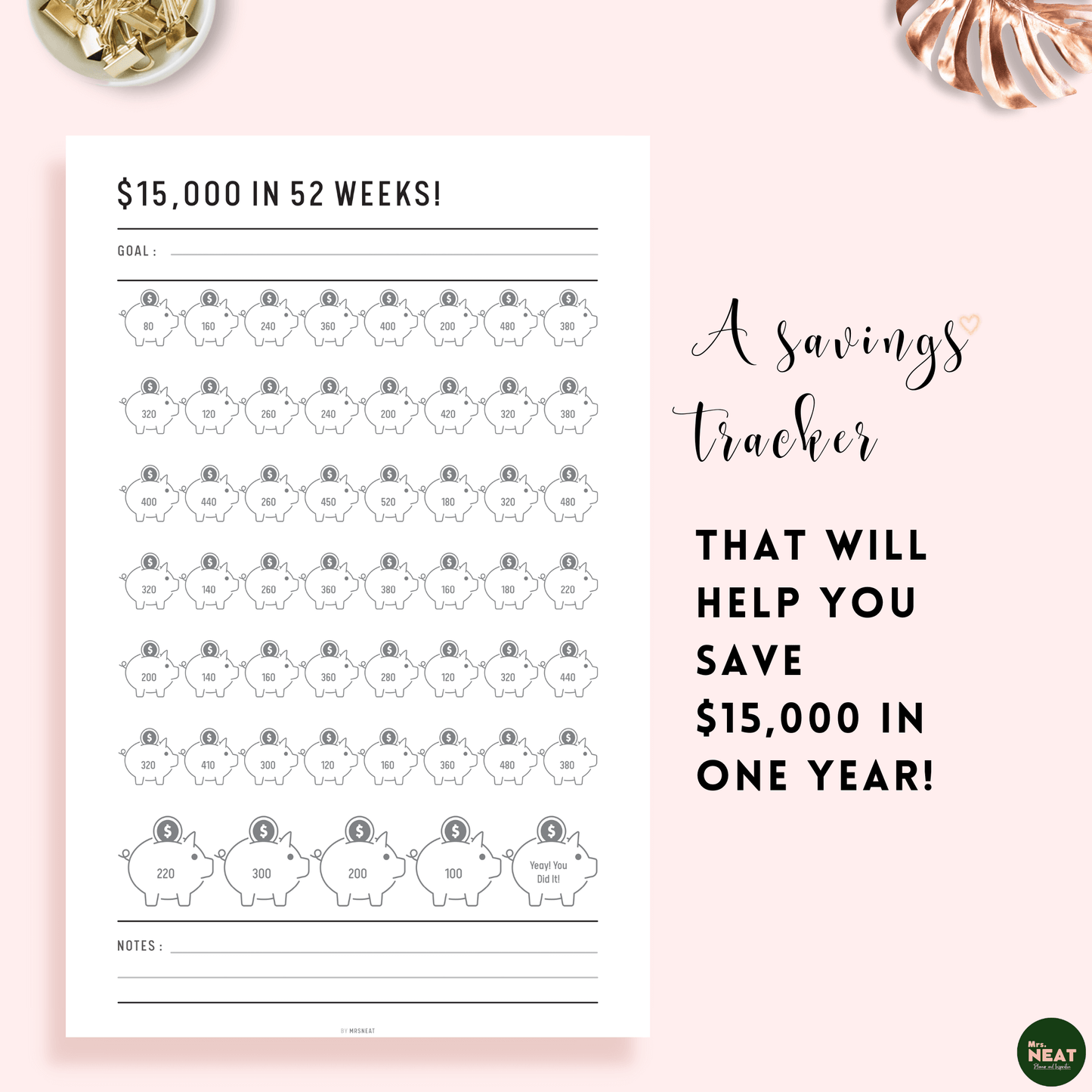 A Cute Piggy Bank Saving Challenge that will help you save $15000 in one year