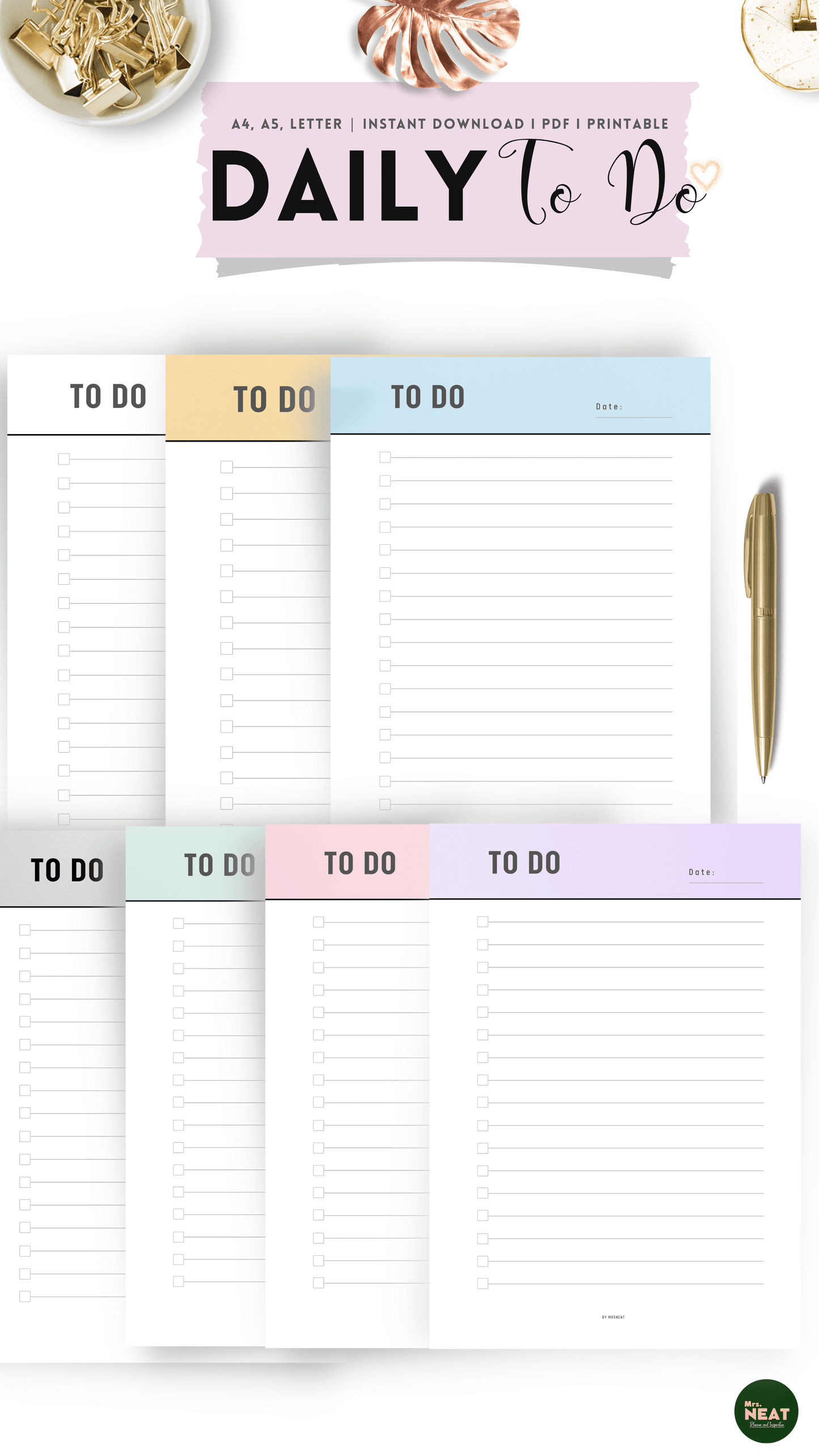 Daily to do page in 7 color options, Neutral, Yellow, Blue, Grey, Green, Pink and Purple color