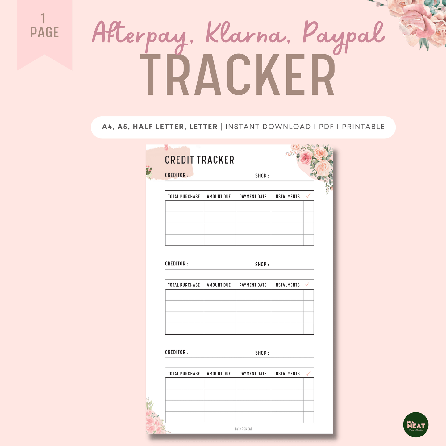Afterpay, Klarna and Paypal Tracker Planner in Beautiful and cute pink floral