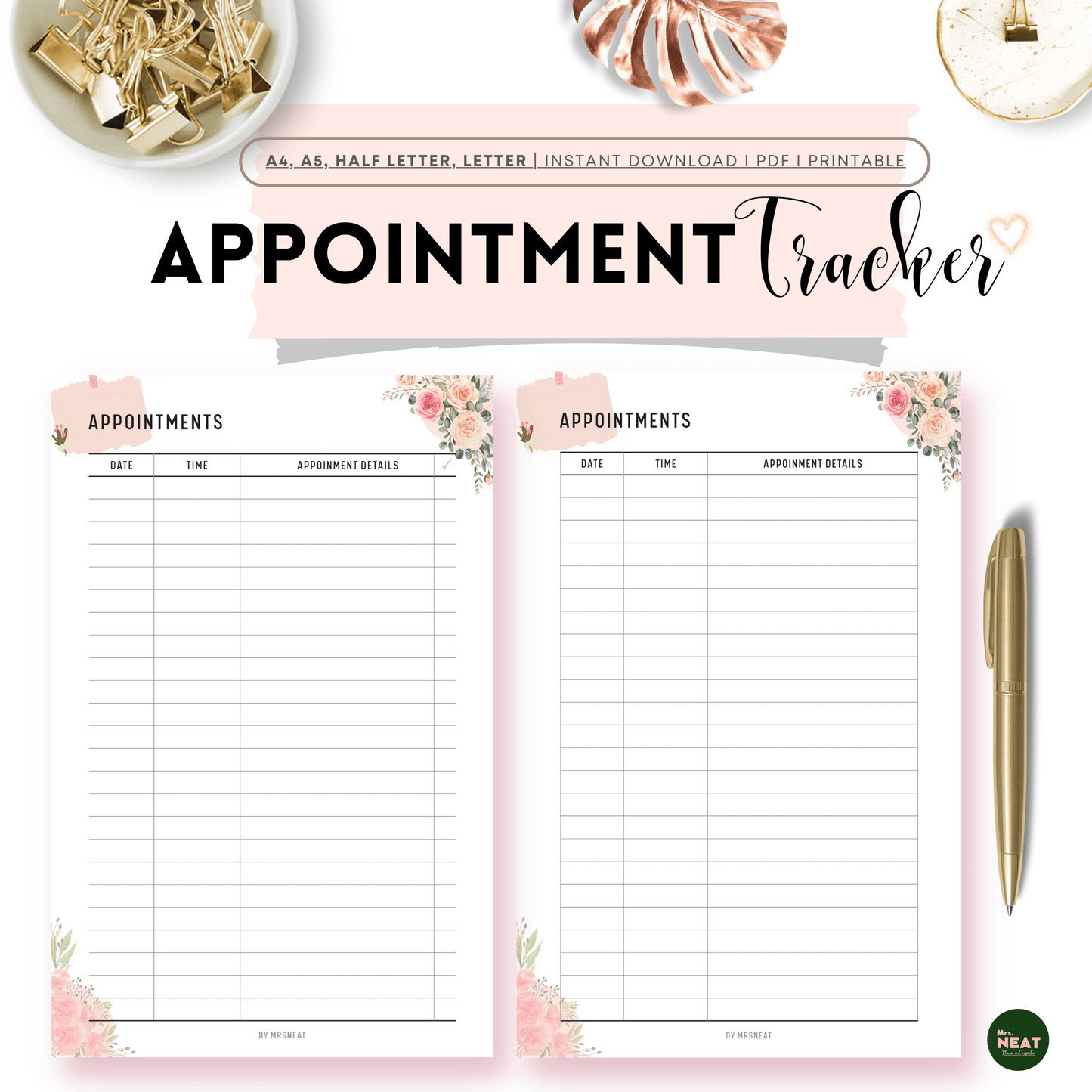 2 pages Beautiful Pink Floral Appointment Tracker with different version