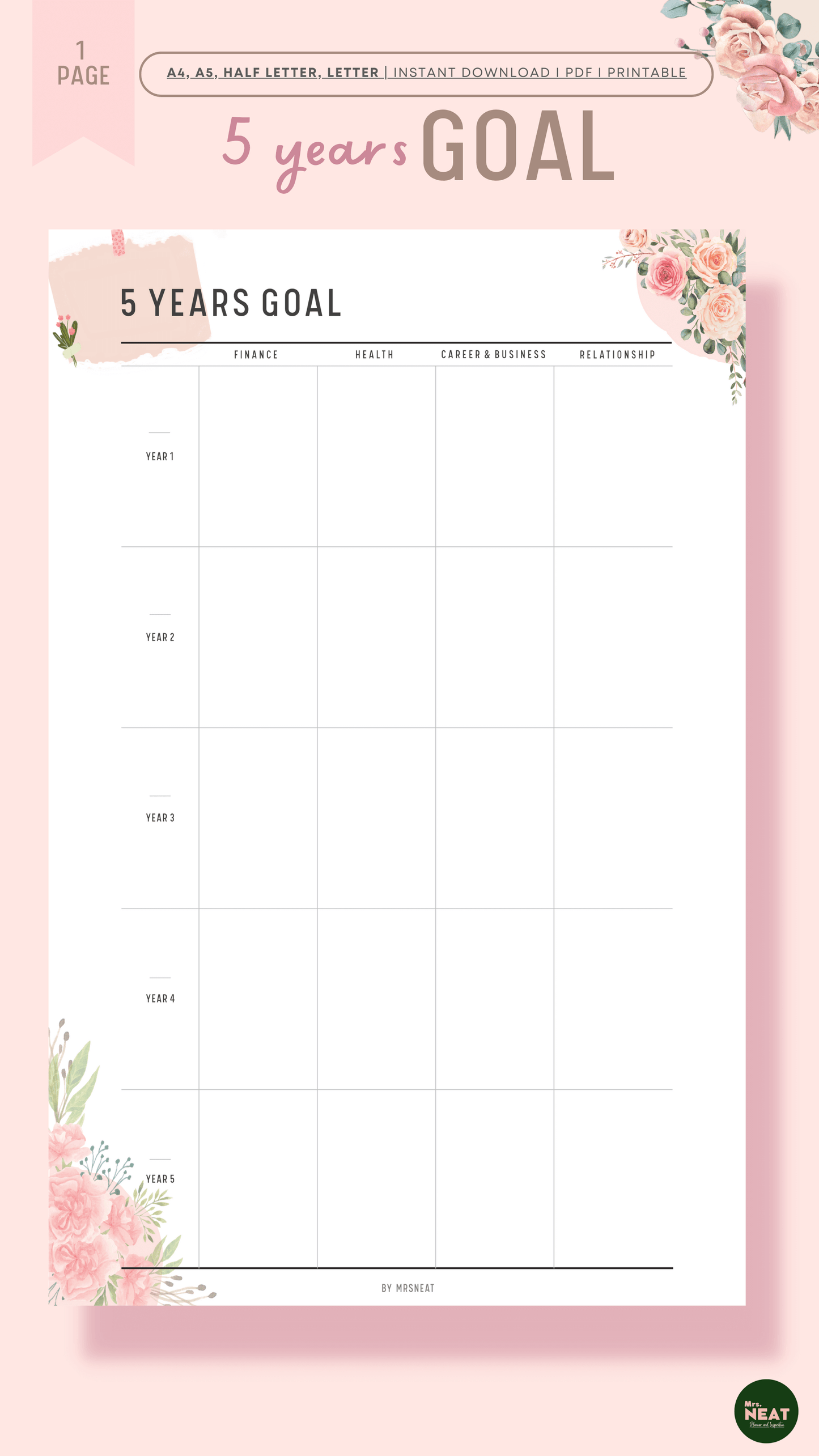 Cute and Beautiful Pink Floral 5 Year Goal Planner