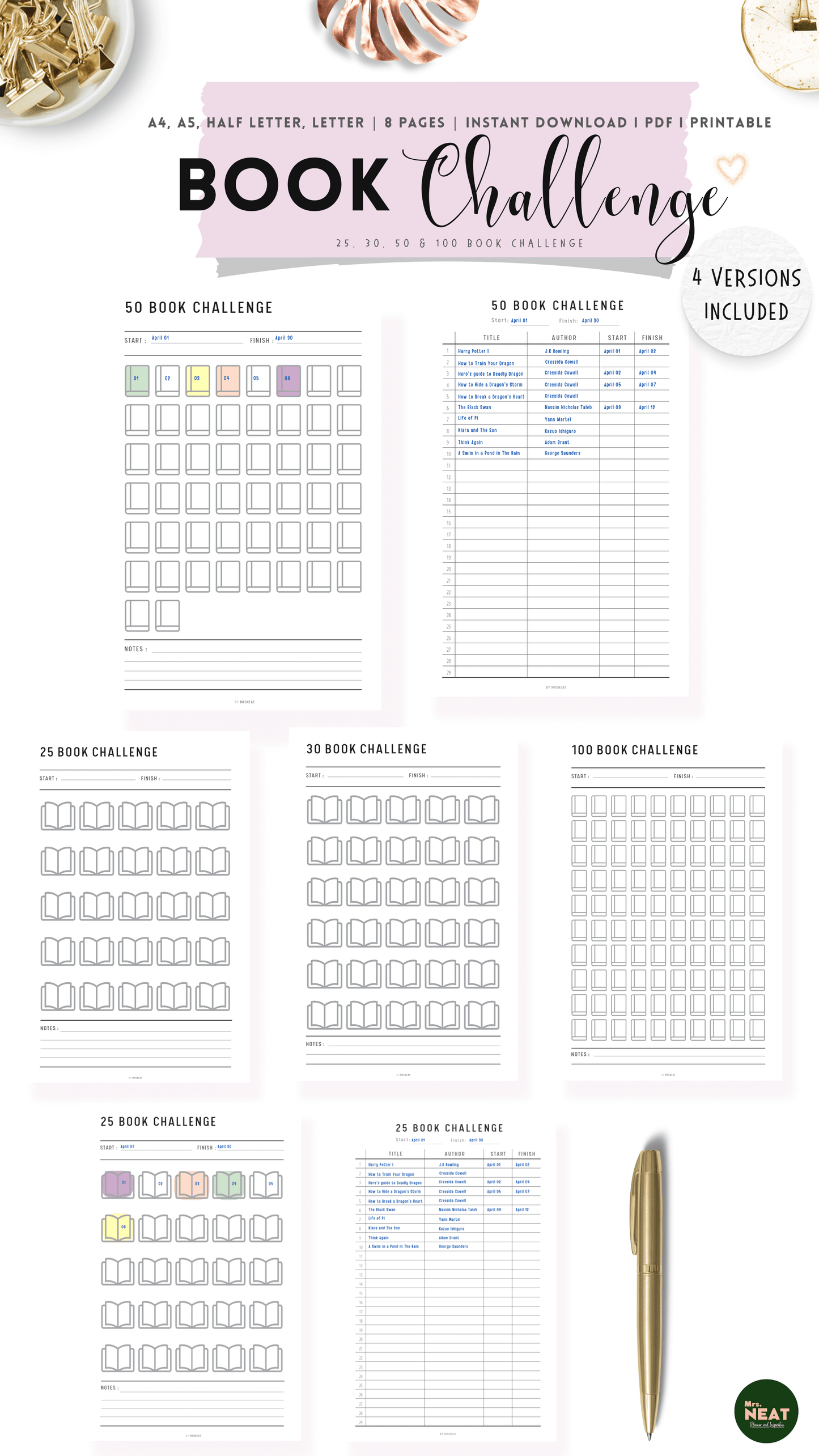 Clean and Cute 50 Book Challenge Planner, List of 50 Book Challenge Planner, 25, 30 and 100 Book Challenge Planner