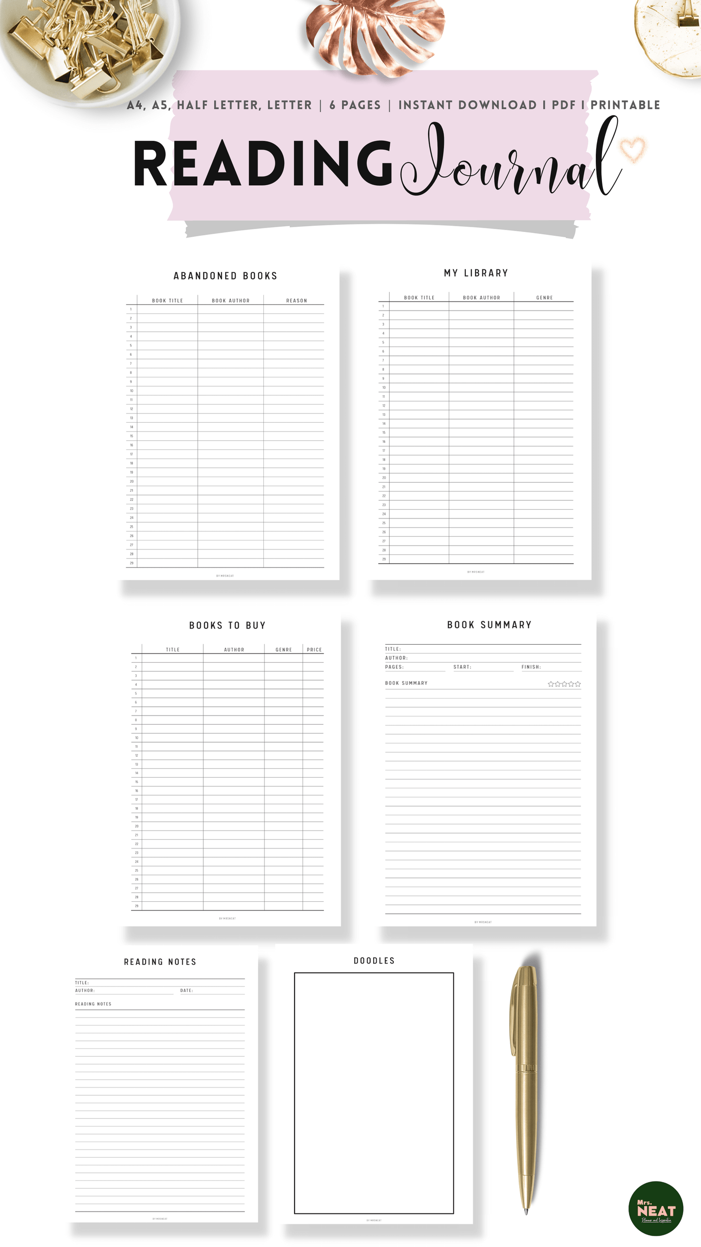 Clean and Minimalist Reading Journal consist of Abandoned Books Planner, Library Book Tracker, Book Summary and many more