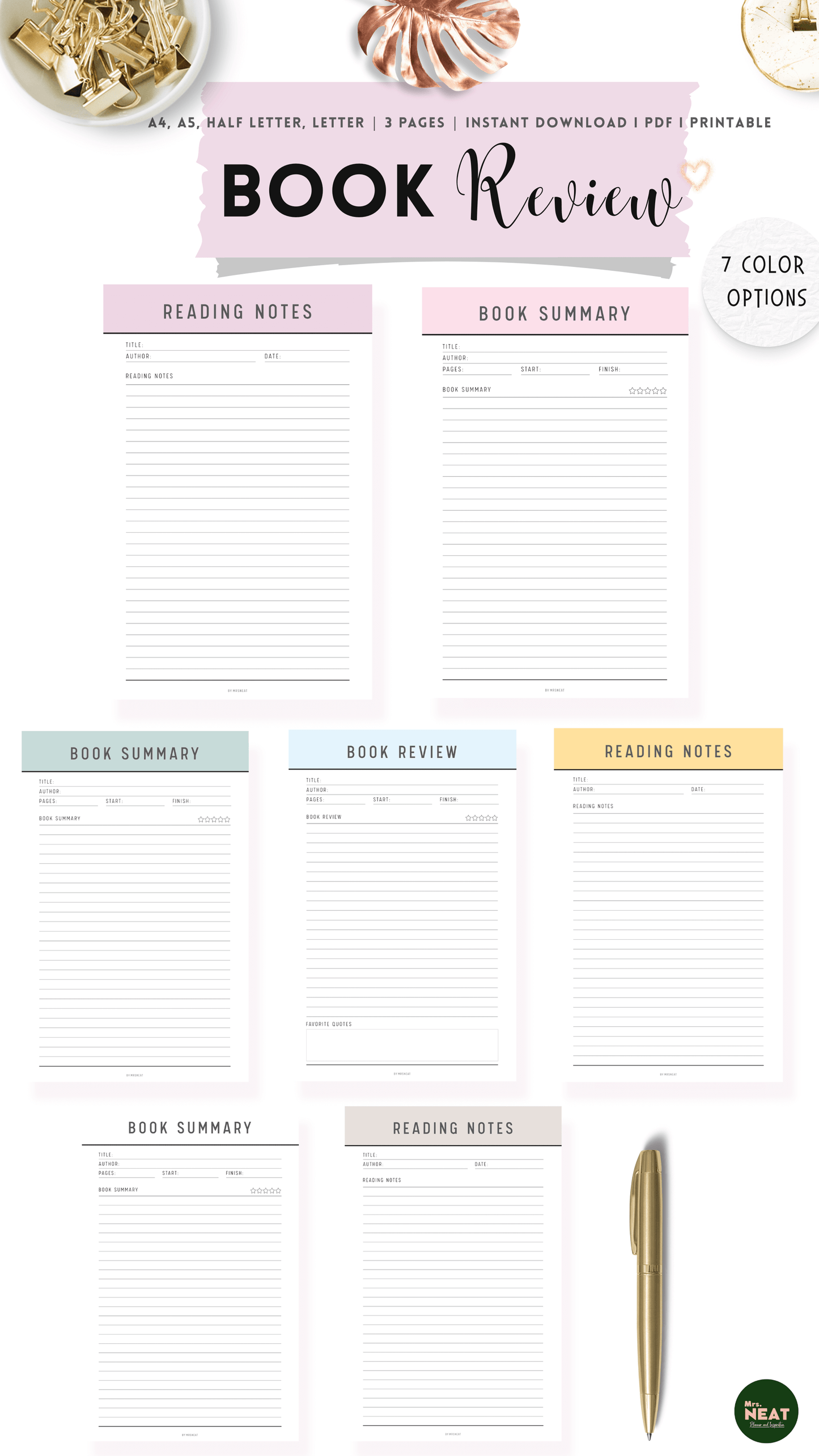 Beautiful Book Review Planner, Book Summary and Reading Notes in Purple, Pink, Green, Blue, Yellow, Grey and Neutral color