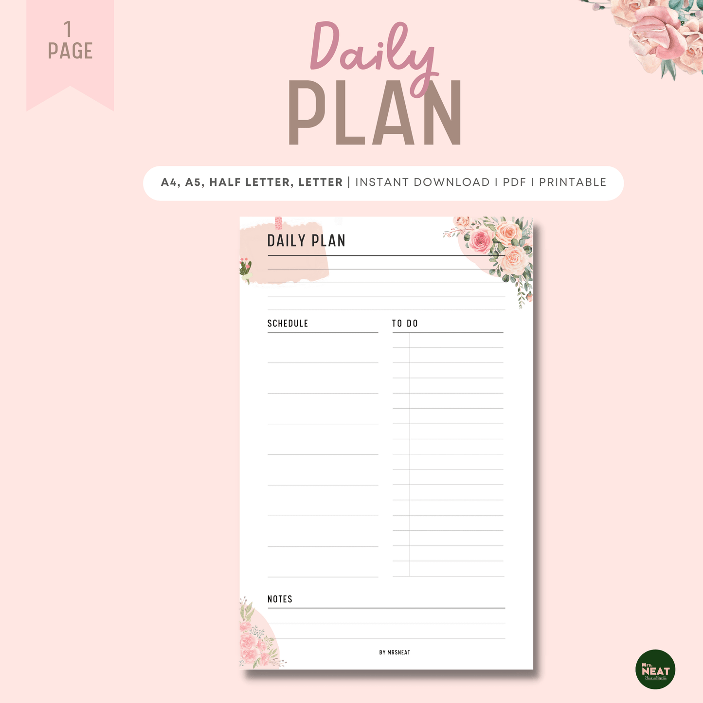 Beautiful Floral Minimalist Daily Planner with room for Schedule, To do and Notes