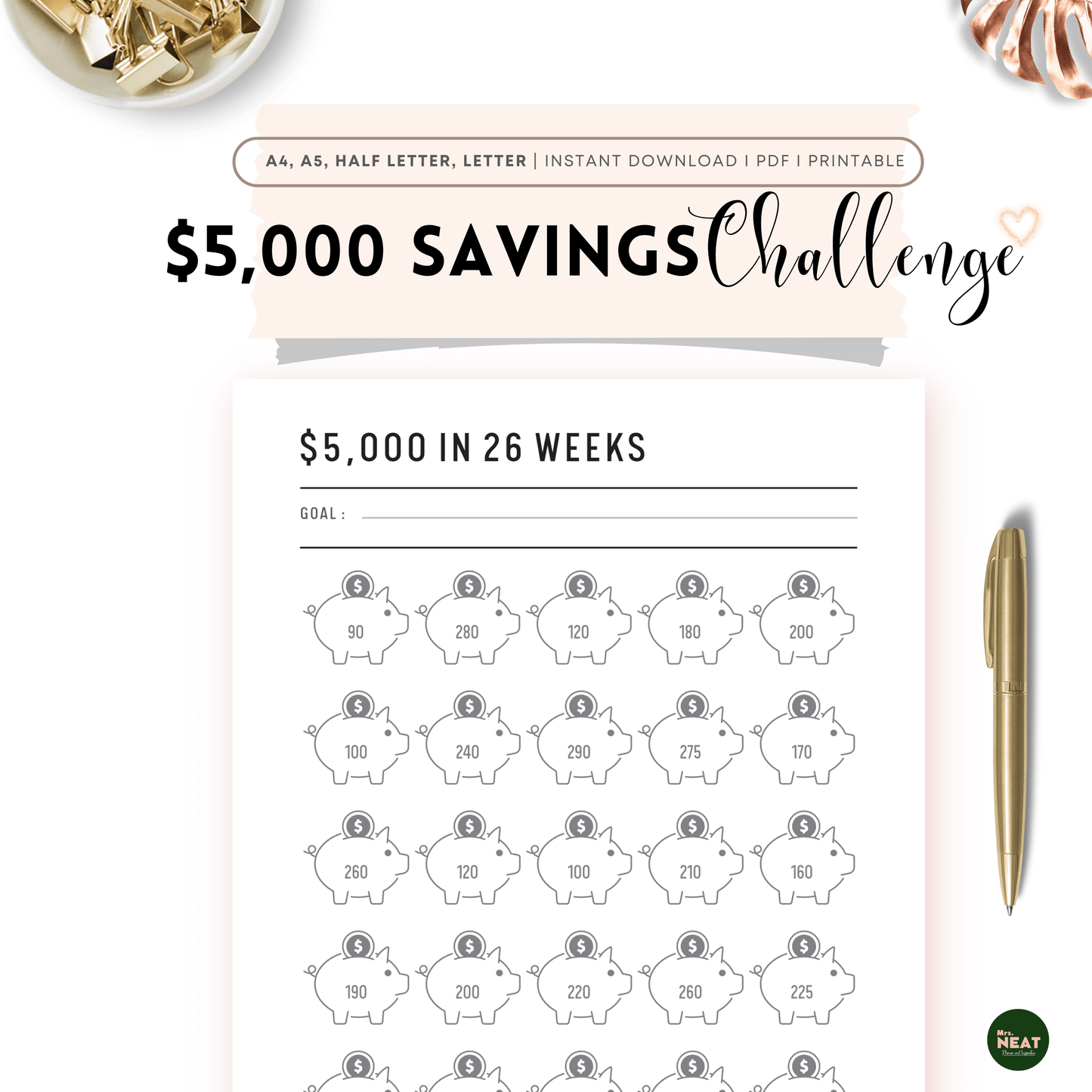 Clean Piggy bank Money Saving Challenge Planner to save $5000 in 26 Weeks