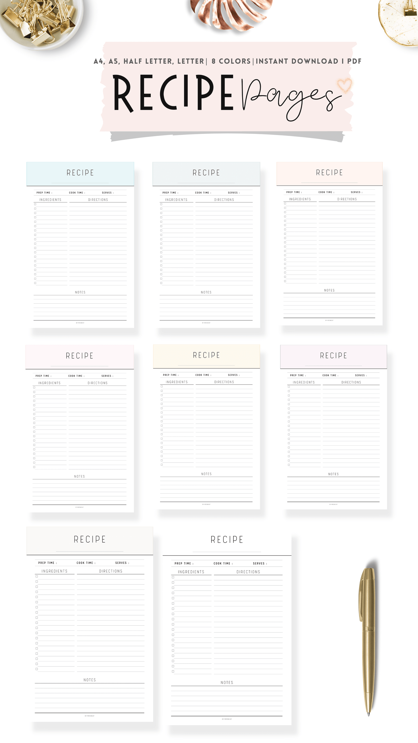 8 pages of Recipe Page Template Planner in different 8 colors