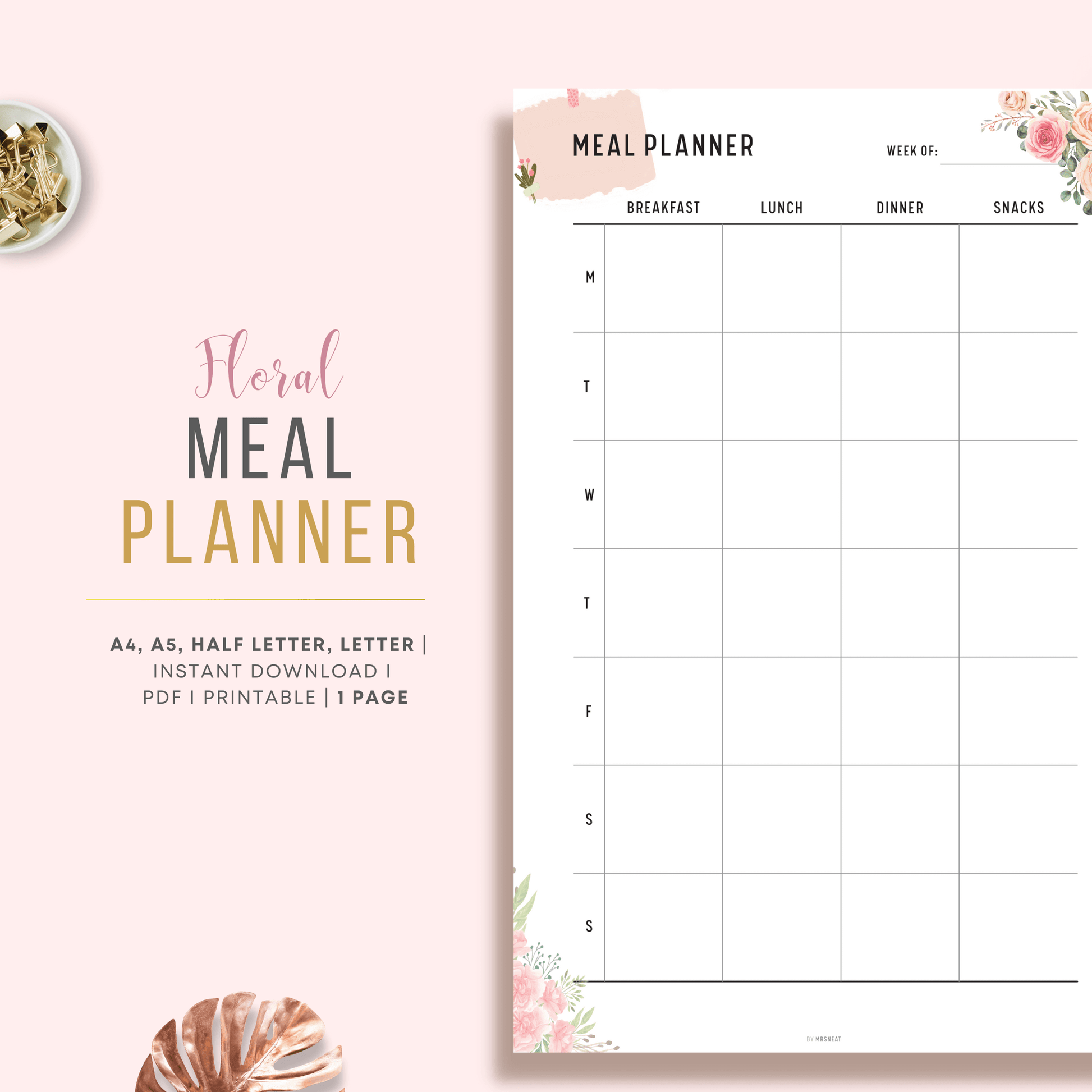 Beautiful Pink Floral Weekly Planner with room for 7 days of Breakfast, Lunch, Dinner and Snacks