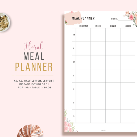 Beautiful Pink Floral Weekly Planner with room for 7 days of Breakfast, Lunch, Dinner and Snacks