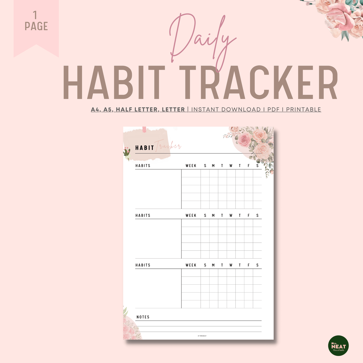 Beautiful and Cute Floral Daily Habit Tracker Planner