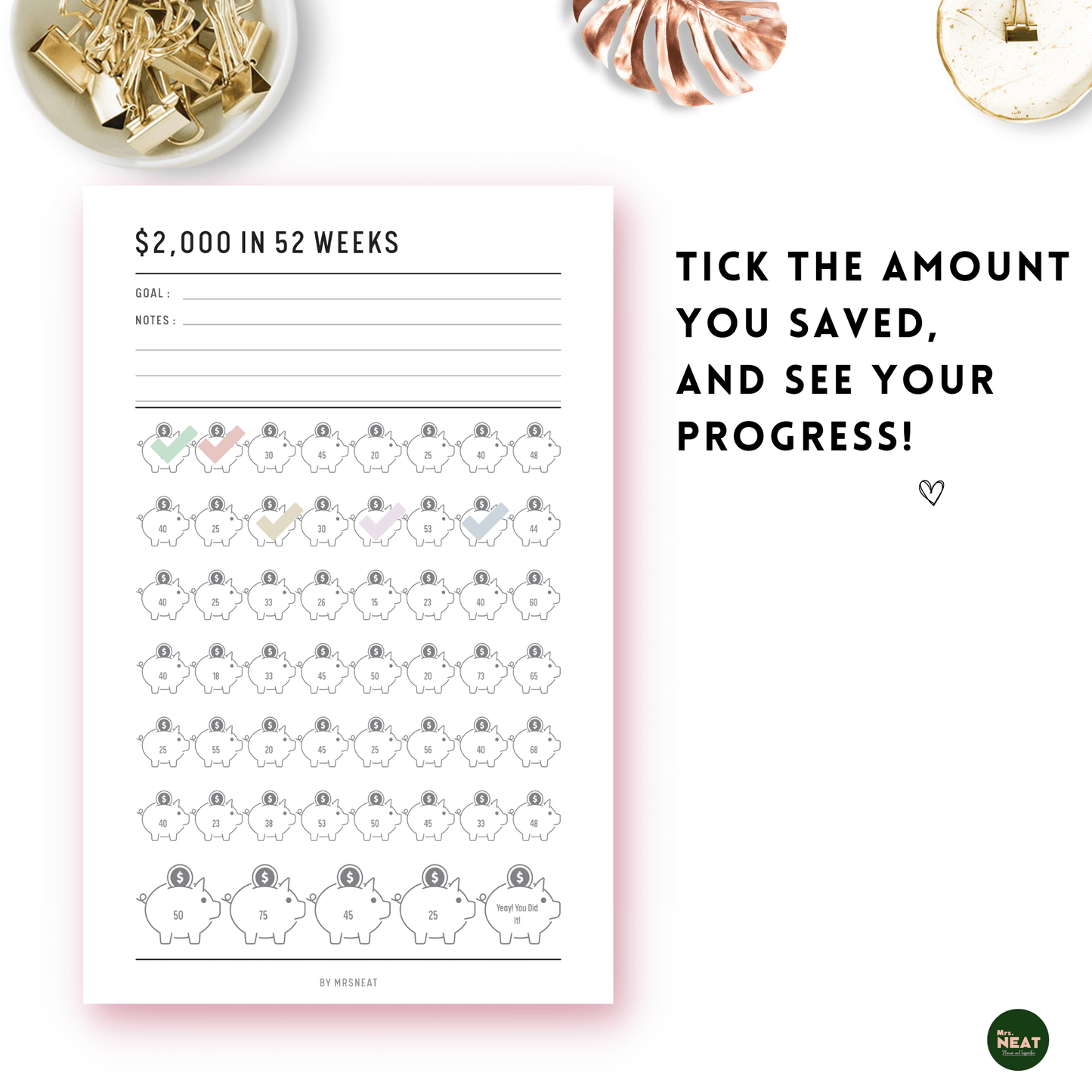 Tick up the amount you saved on this cute piggy bank $2000 saving challenge and see your saving progress