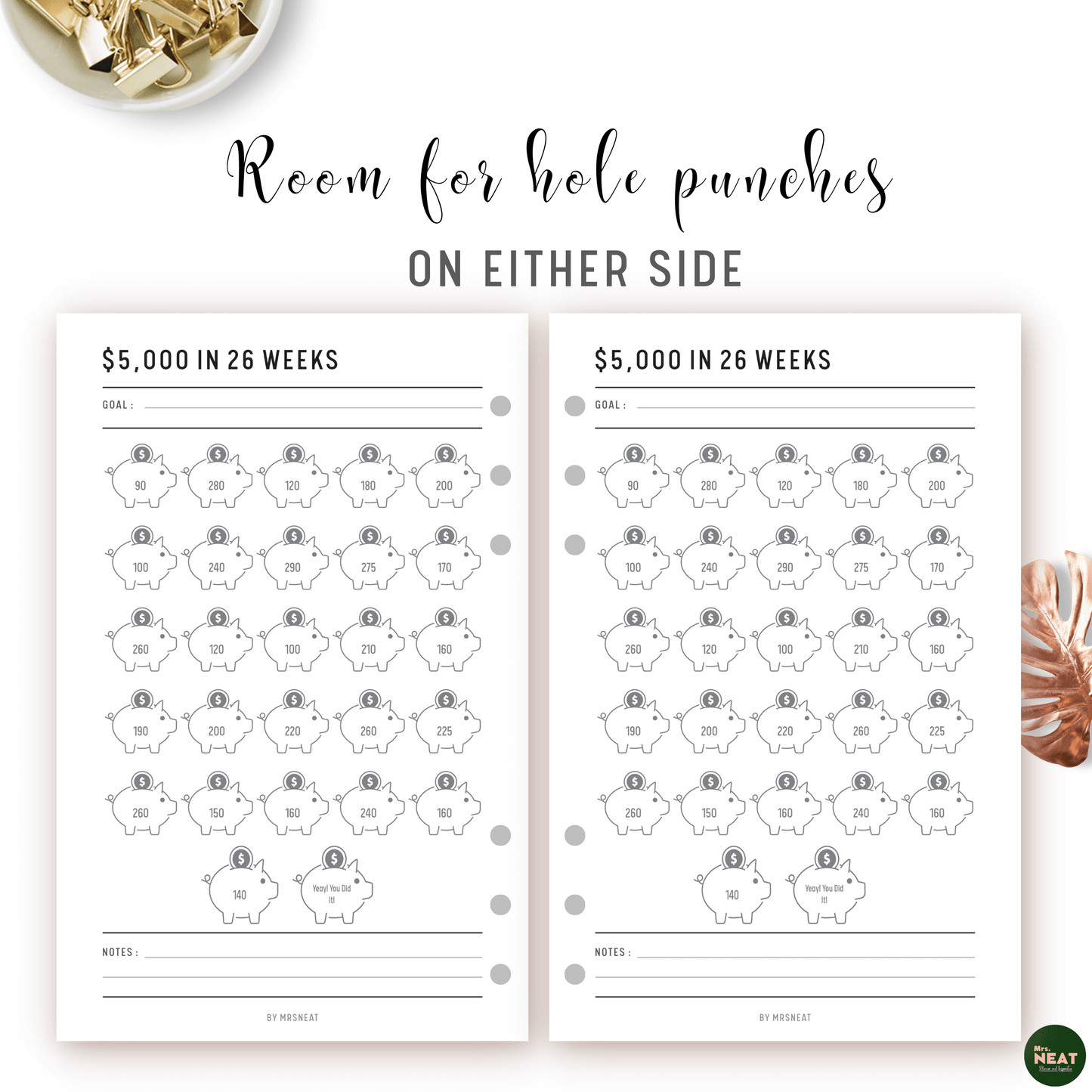 Money Saving Challenge Planner to save $5000 in 26 weeks with room for hole punches on either side